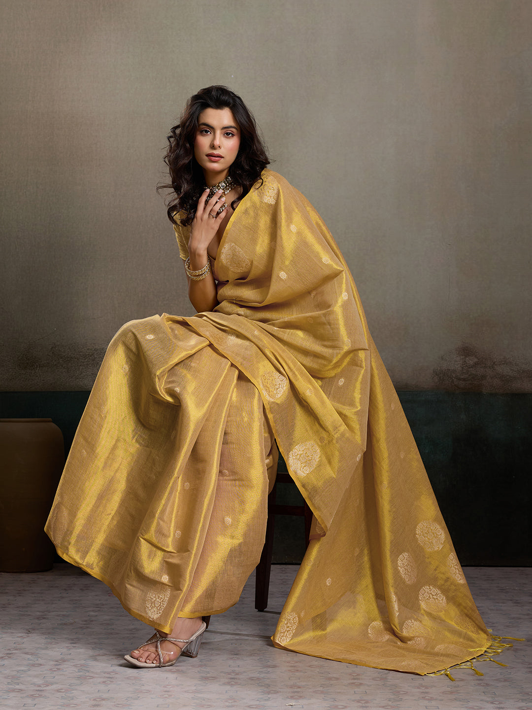 Anaita Gold Tissue Silk Woven Saree With Blouse