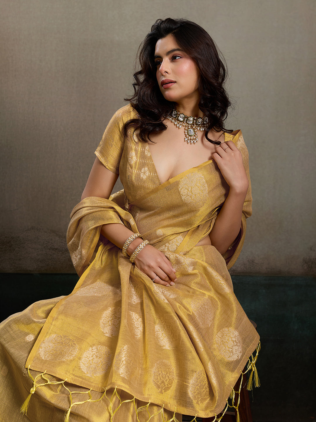 Anaita Gold Tissue Silk Woven Saree With Blouse