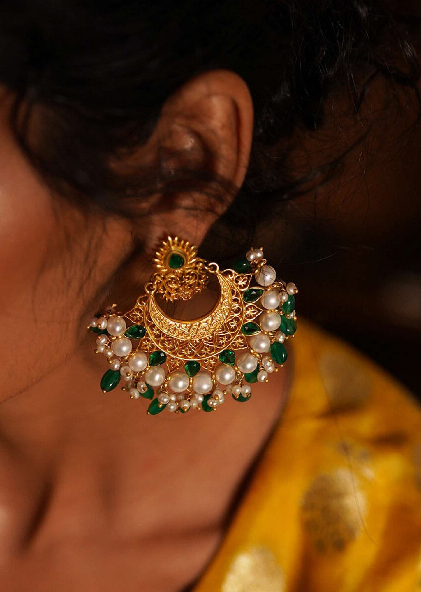 Gold Plated Earrings With Green Cz, Miniature Pearls And Green Onyx Beads By Zariin