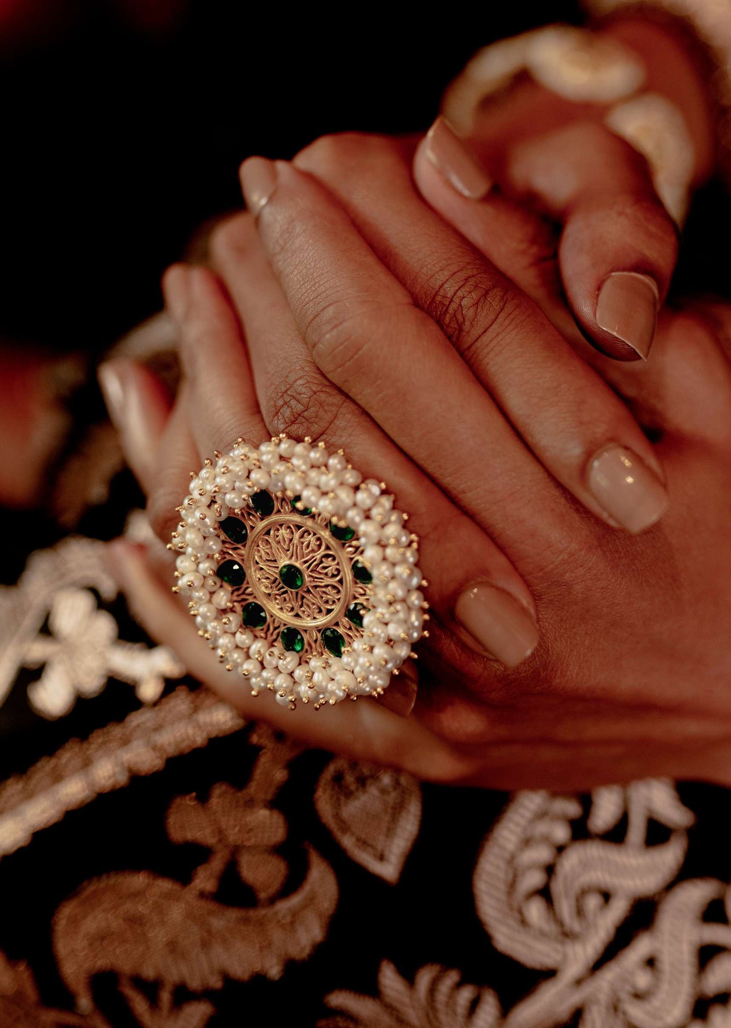 Gold Plated Ring With Green Cz Stones And Pearls Inspired From The Royal Crown By Zariin