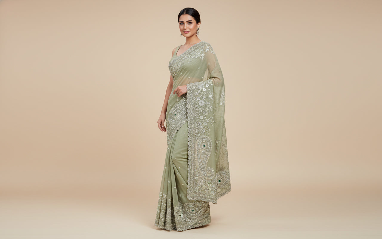 Golden Beige Rich Embroidered Saree