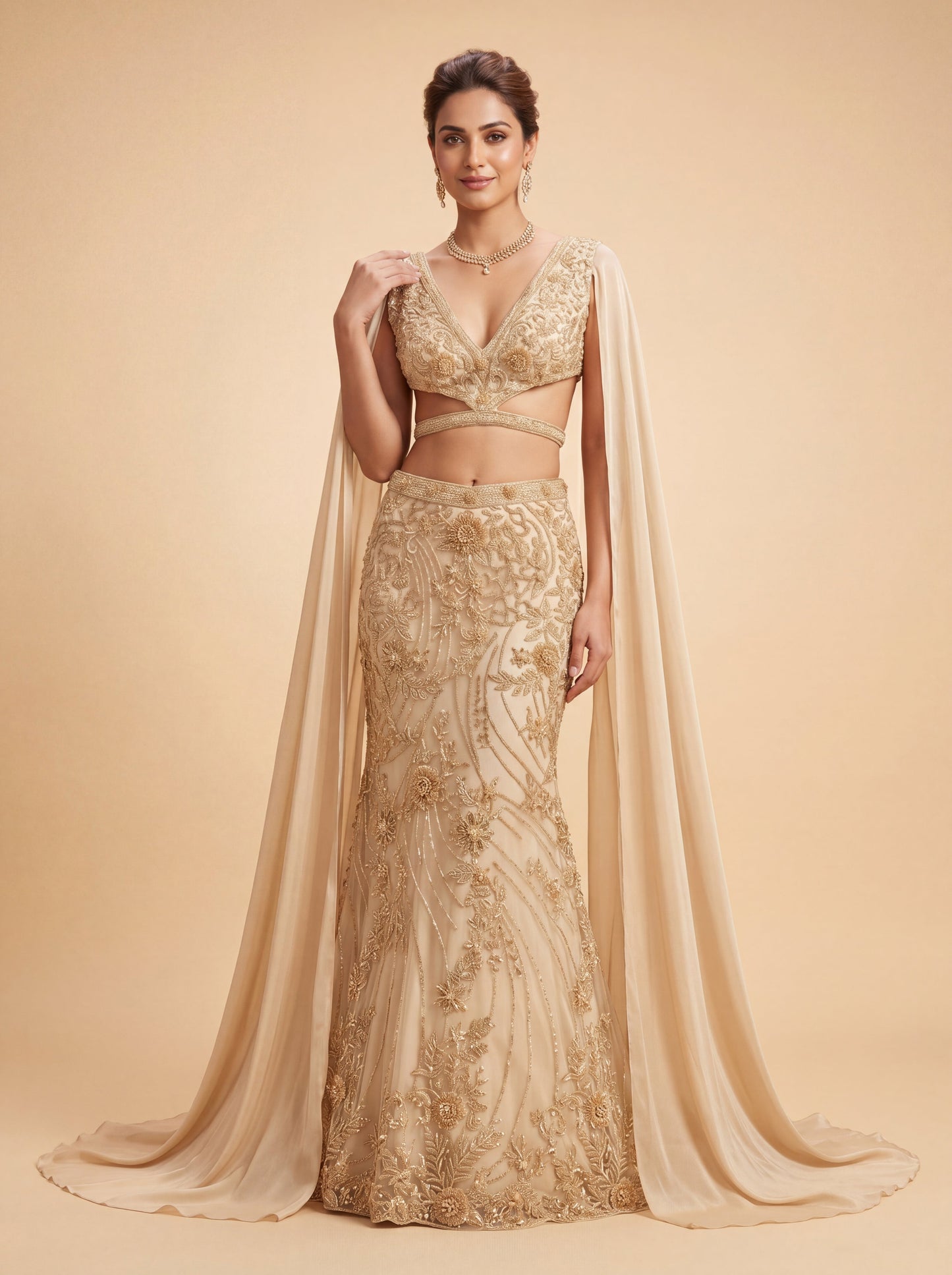Golden Contemporary Bridal Lehenga With Sheer Embroidery Soft Volume