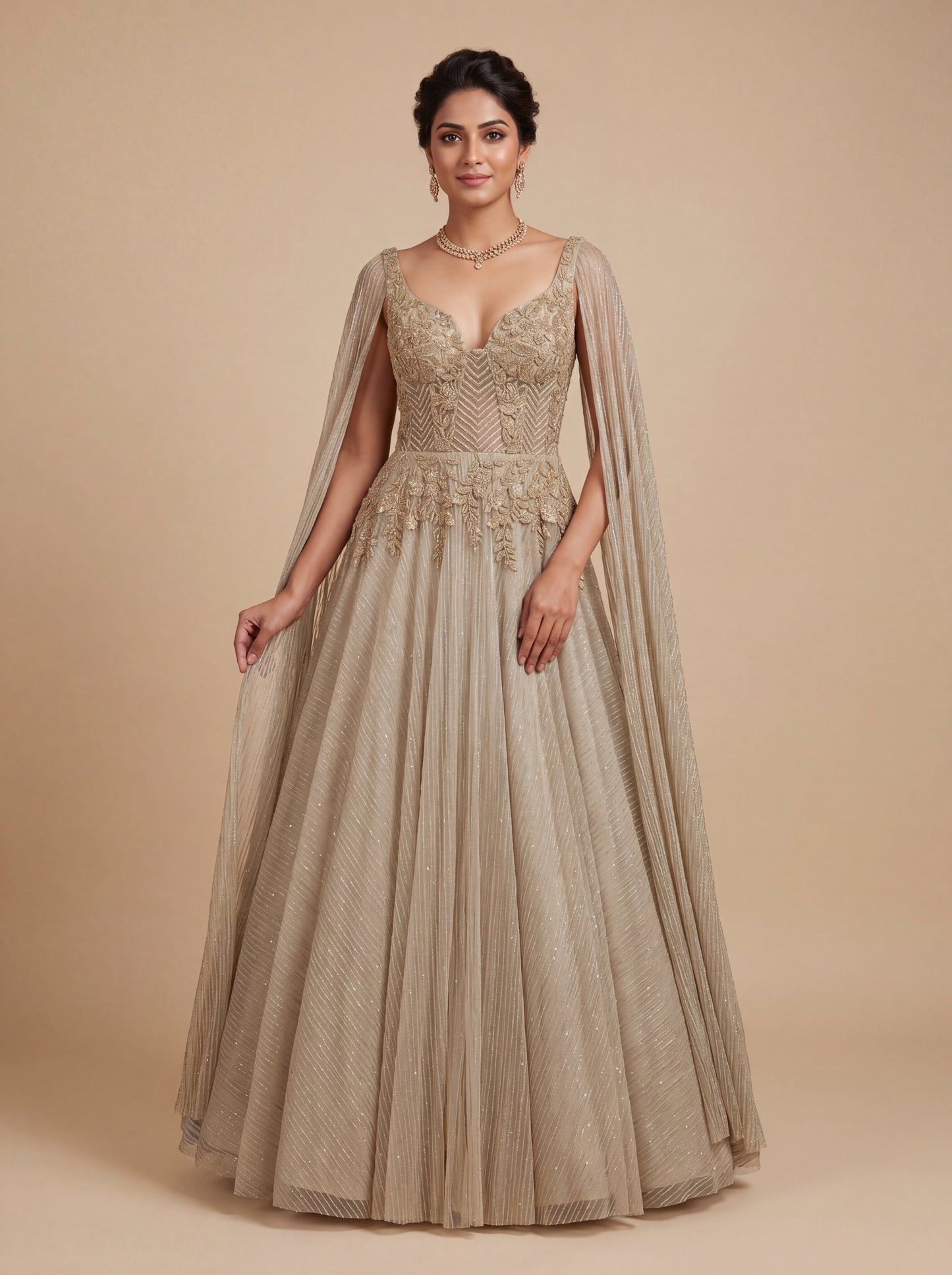 Golden Contemporary Gown With Embellished Bodice Flared Skirt