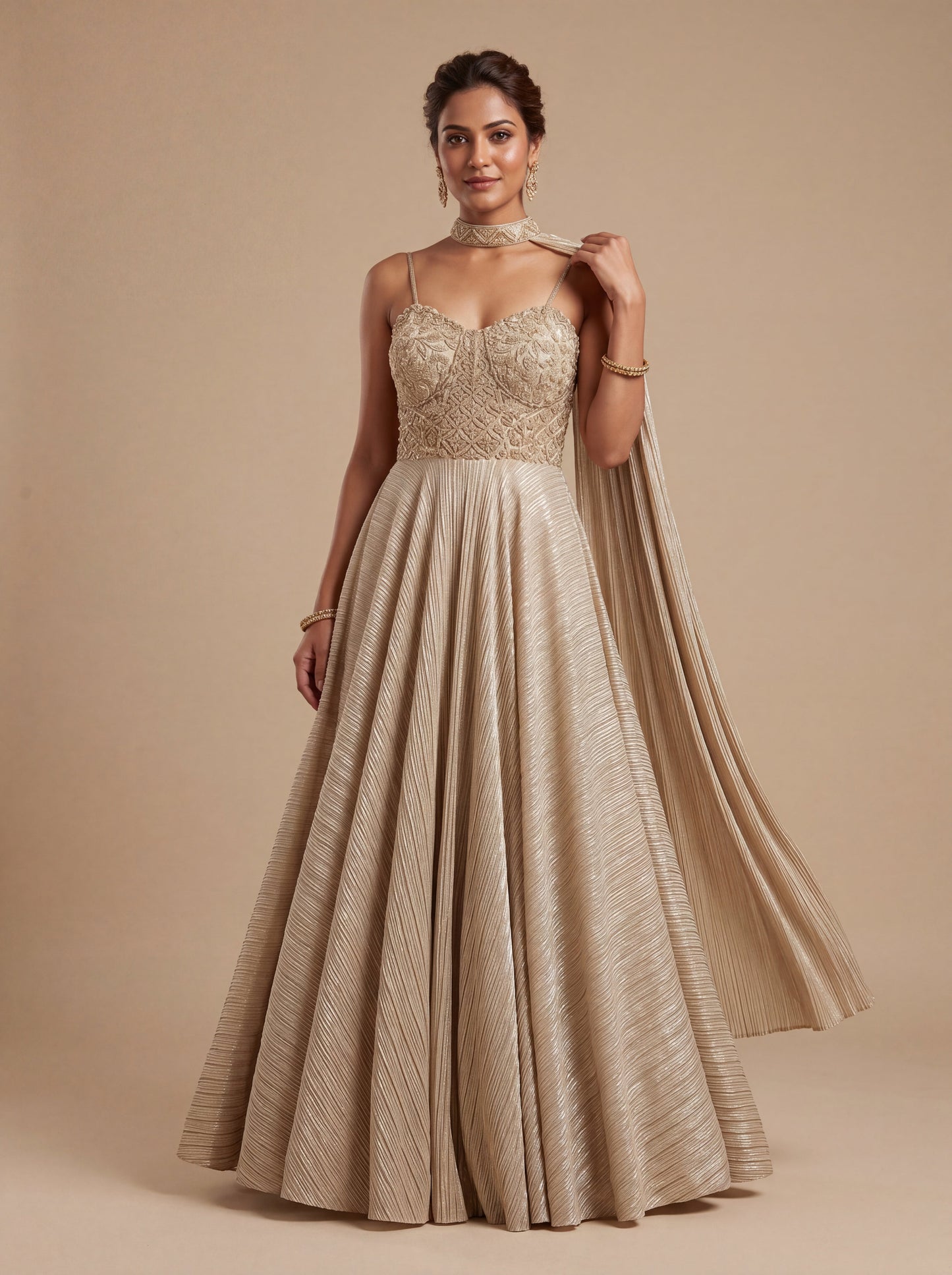 Golden Contemporary Gown With Subtle Embroidery Classic Flare