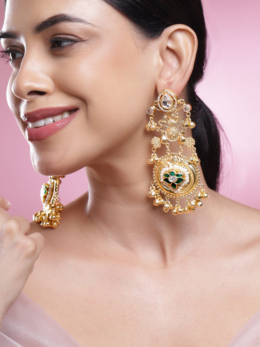 Golden Grace Green Floral Statement Danglers