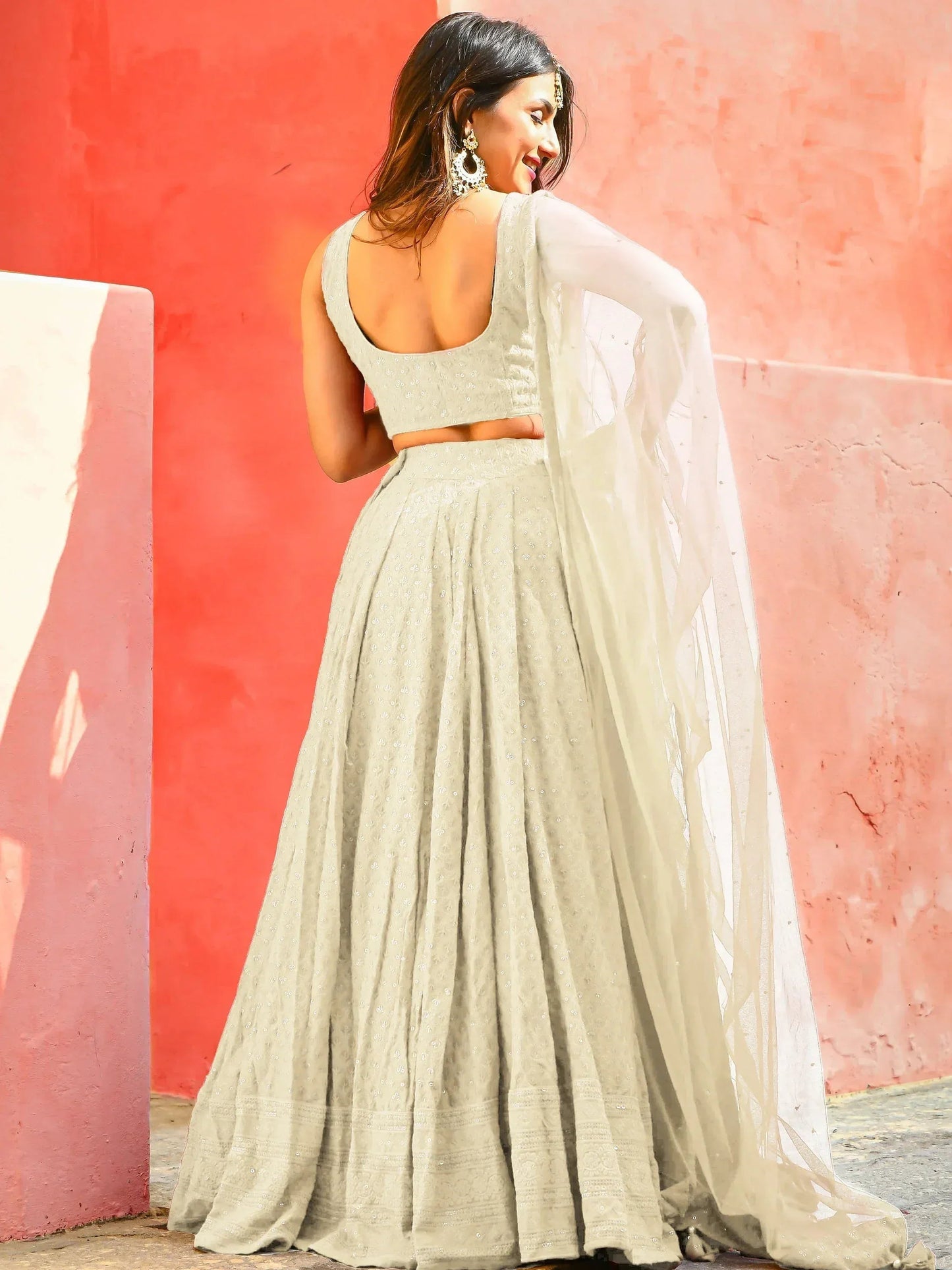 Tulsi Art Gorgeous Off-White Sequins Georgette Event Wear Lehenga Choli