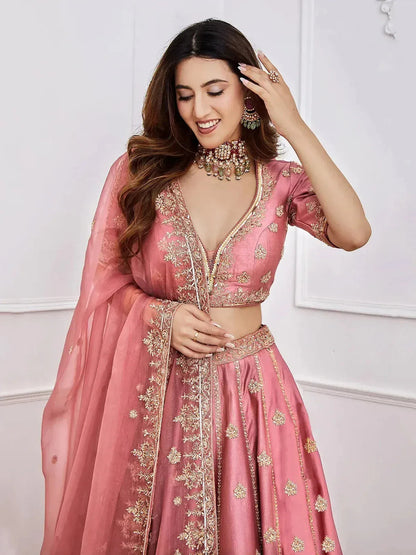 Tulsi Art Gorgeous Pink Sequins Art Silk Designer Lehenga Choli With Dupatta