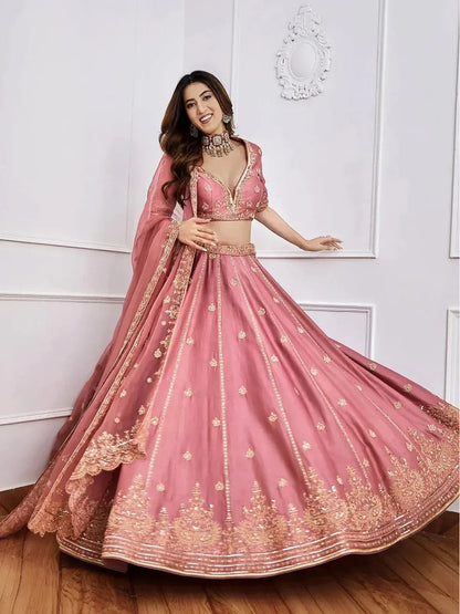 Tulsi Art Gorgeous Pink Sequins Art Silk Designer Lehenga Choli With Dupatta