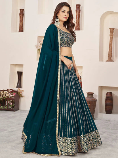 Tulsi Art Gorgeousâ Teal Green Sequins Work Georgette Function Wear Lehenga Choli