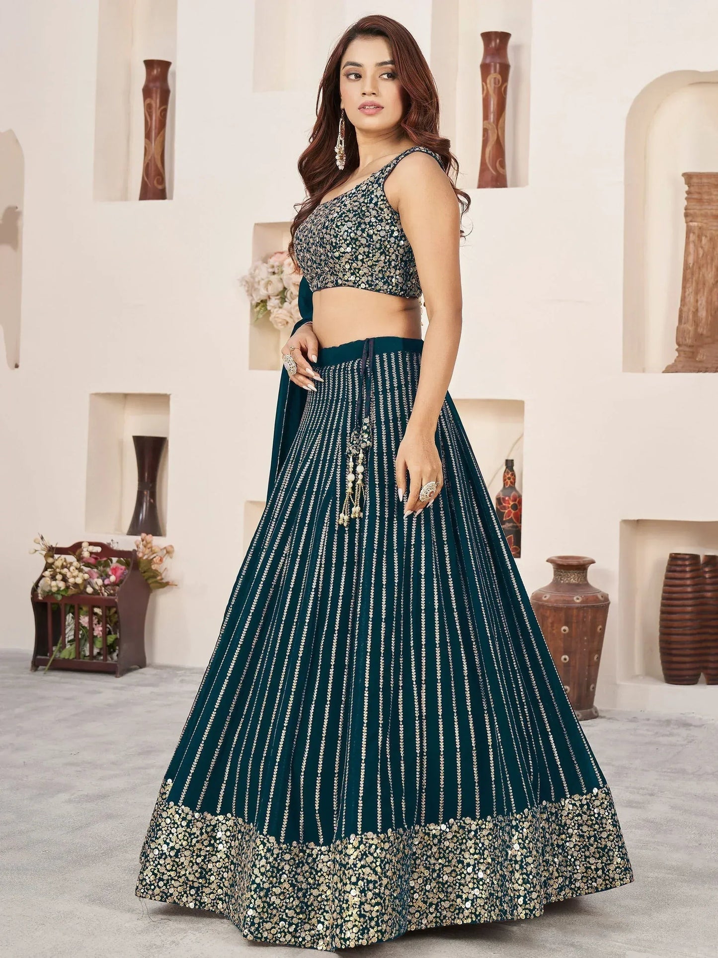 Tulsi Art Gorgeousâ Teal Green Sequins Work Georgette Function Wear Lehenga Choli