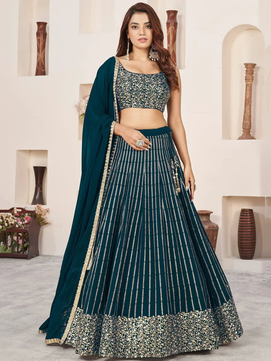 Tulsi Art Gorgeousâ Teal Green Sequins Work Georgette Function Wear Lehenga Choli