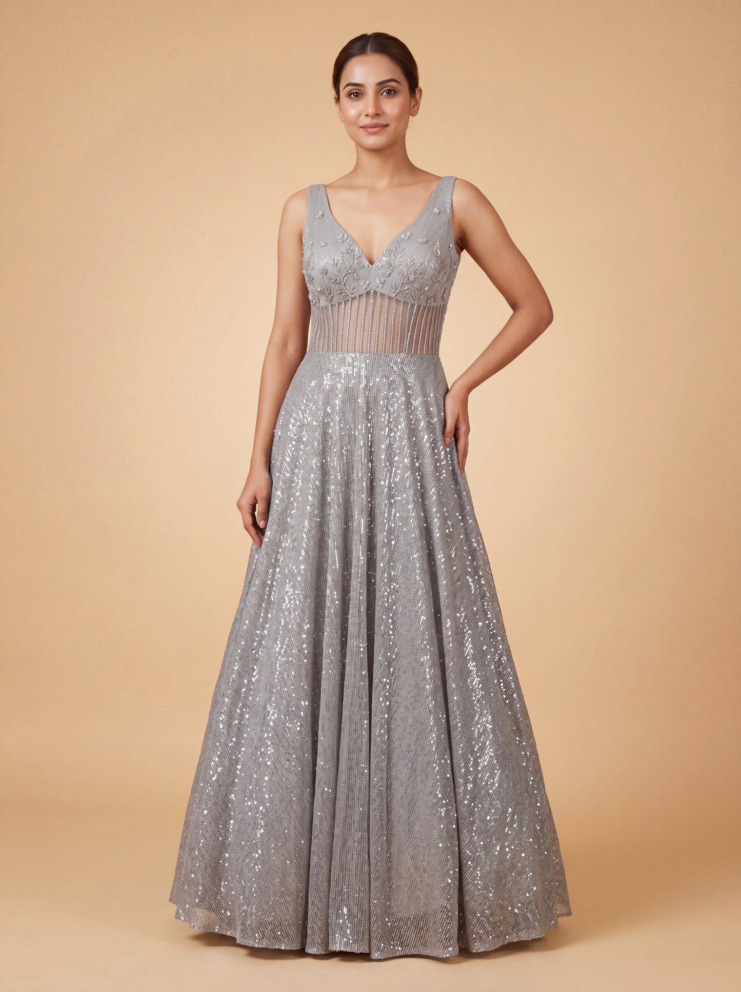 Gray Contemporary Gown With Sheer Embroidered Flare