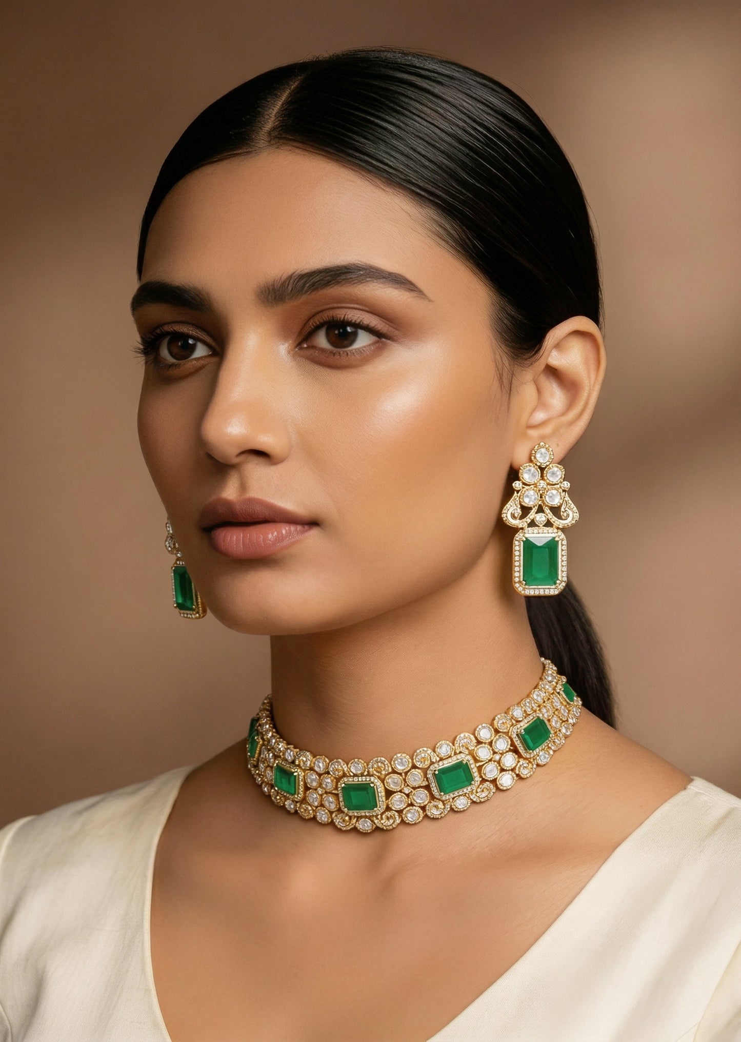 Green And Gold Geometric Pendant Necklace Set