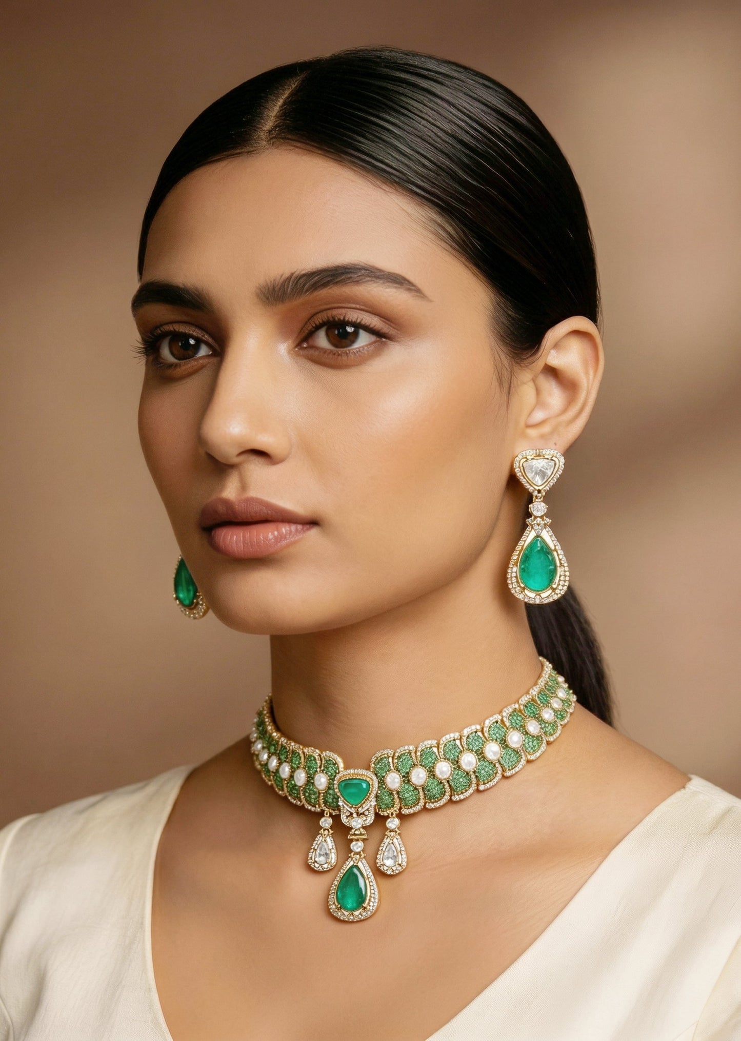 Green And Gold Teardrop Stone Pendant Necklace Set