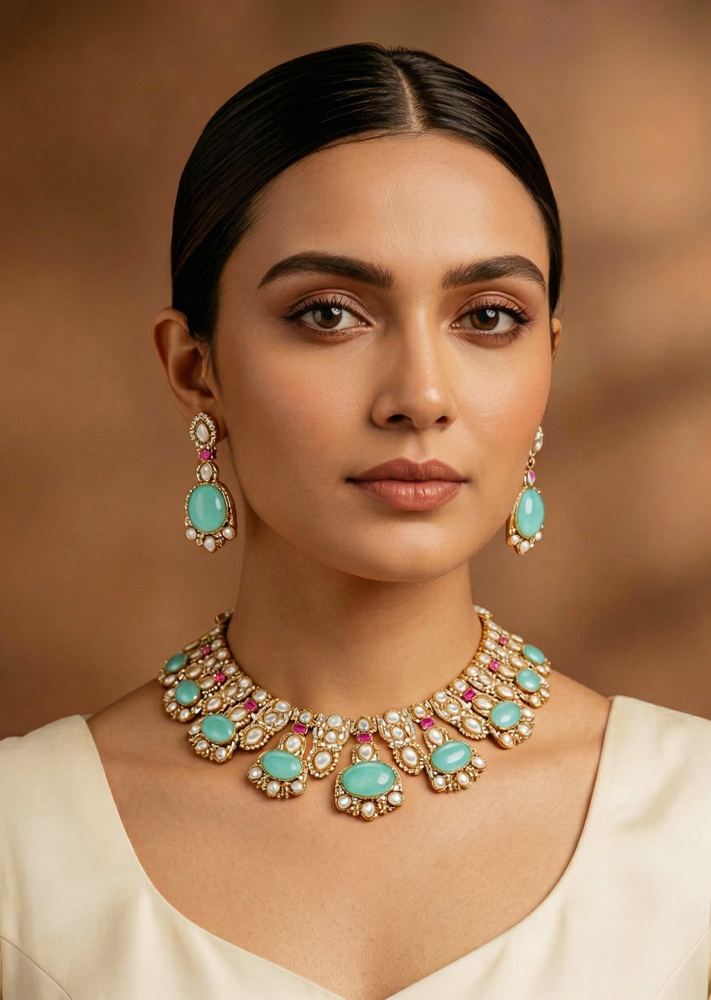 Green And Red Stone Embellished Necklace Set