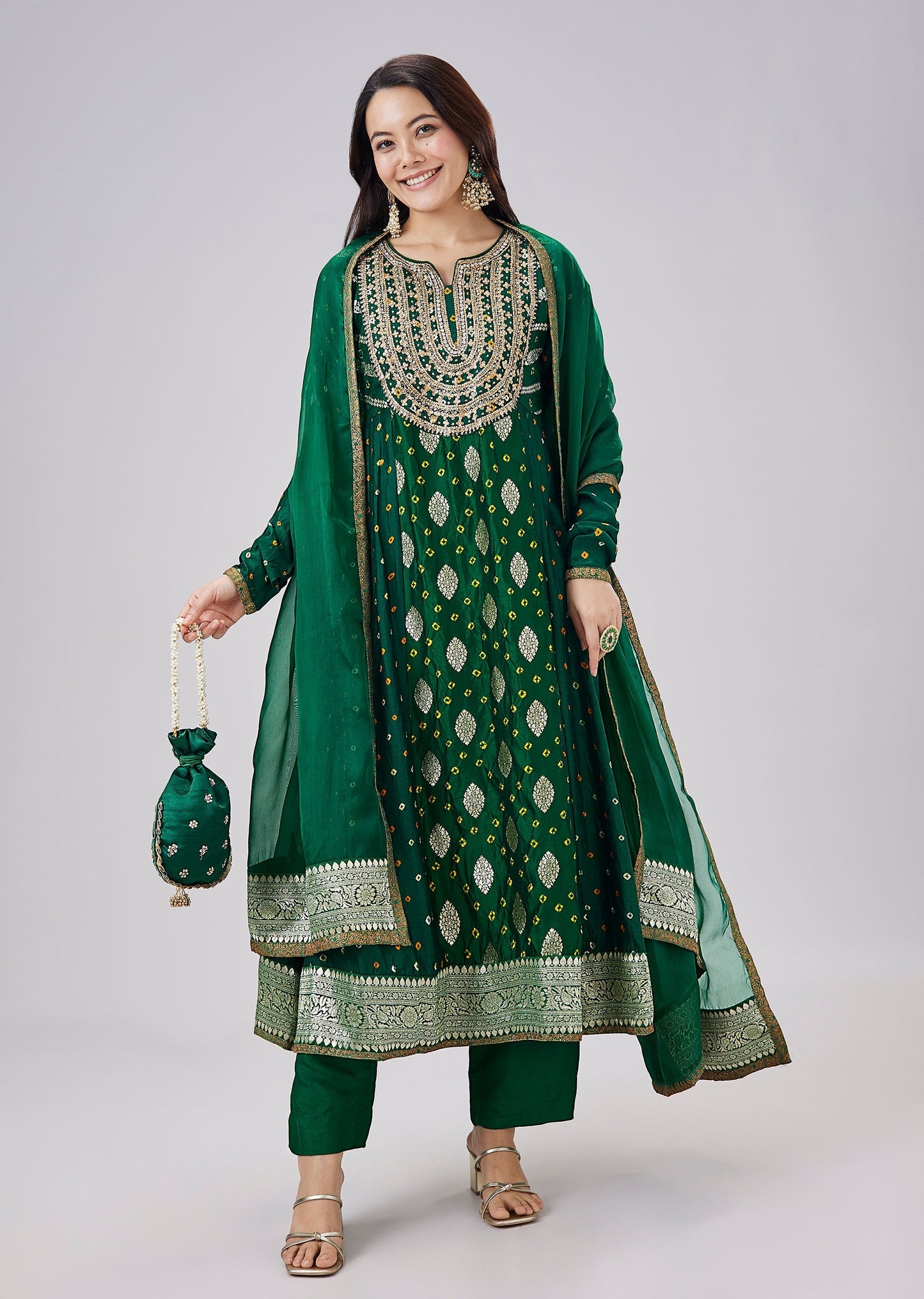 Green Banarasi Heavily Embroidered Bandhani Anarkali Set