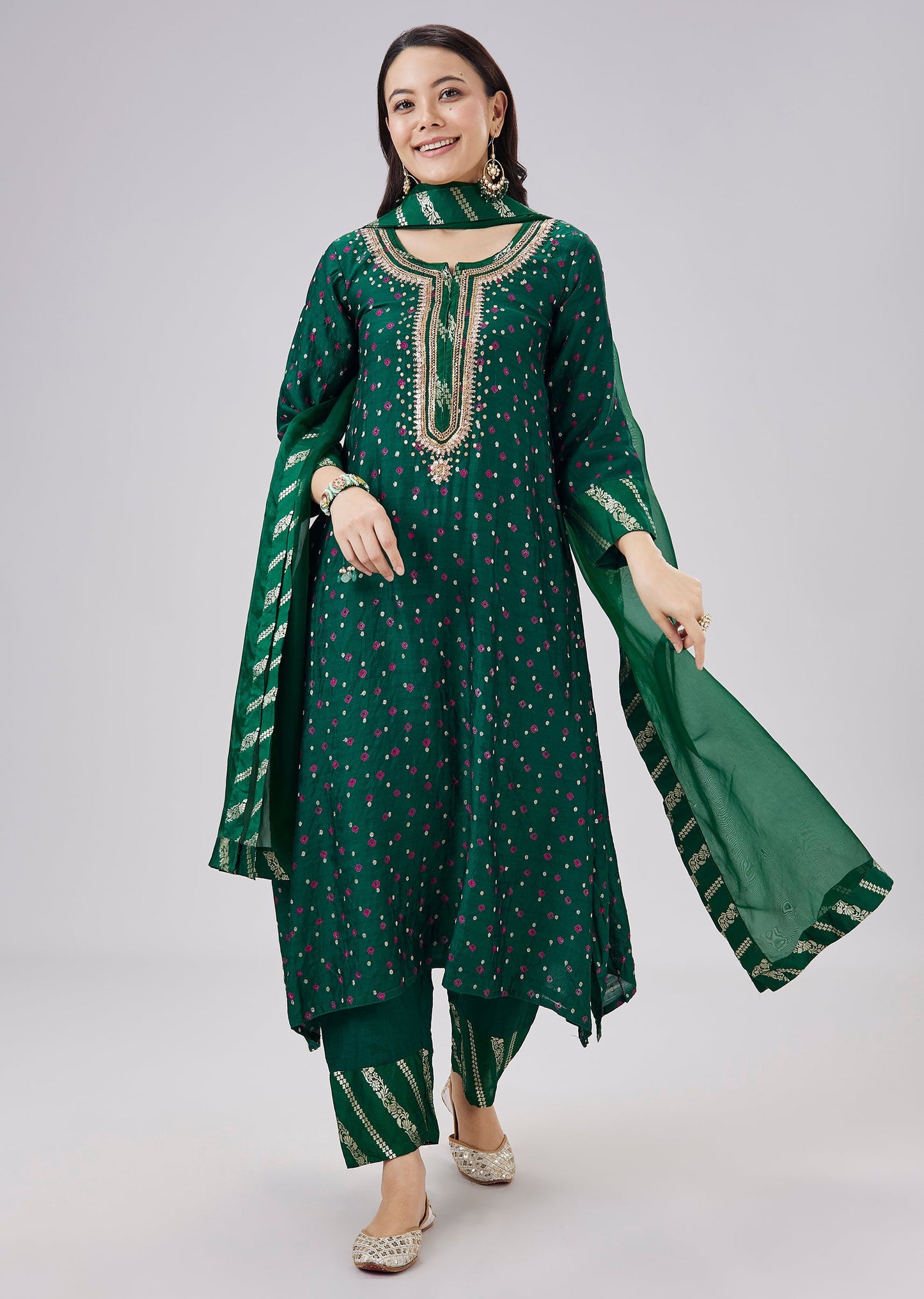 Dark Green Banarasi Bandhani Kurta Set With Dupatta