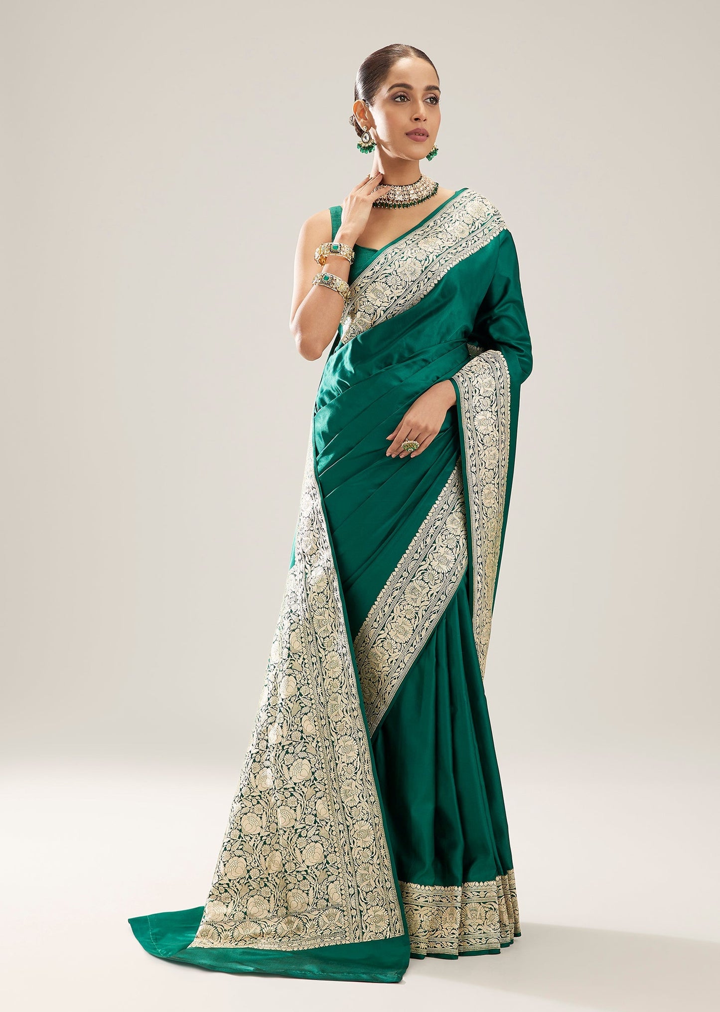 Green Banarasi Satin Saree With Heavy Embroidery