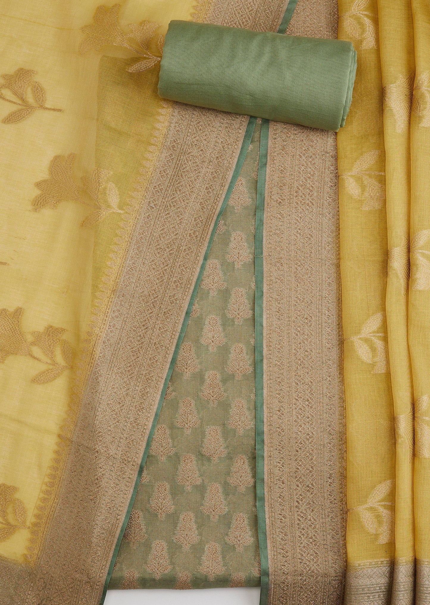 Green Banarasi Silk Brocade Unstitched Suit Set With Dupatta