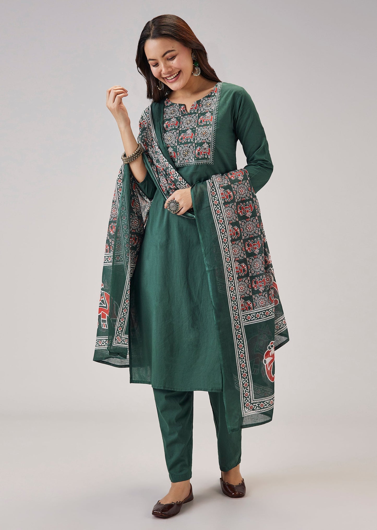 Green Printed Cotton Kurta Set And Dupatta