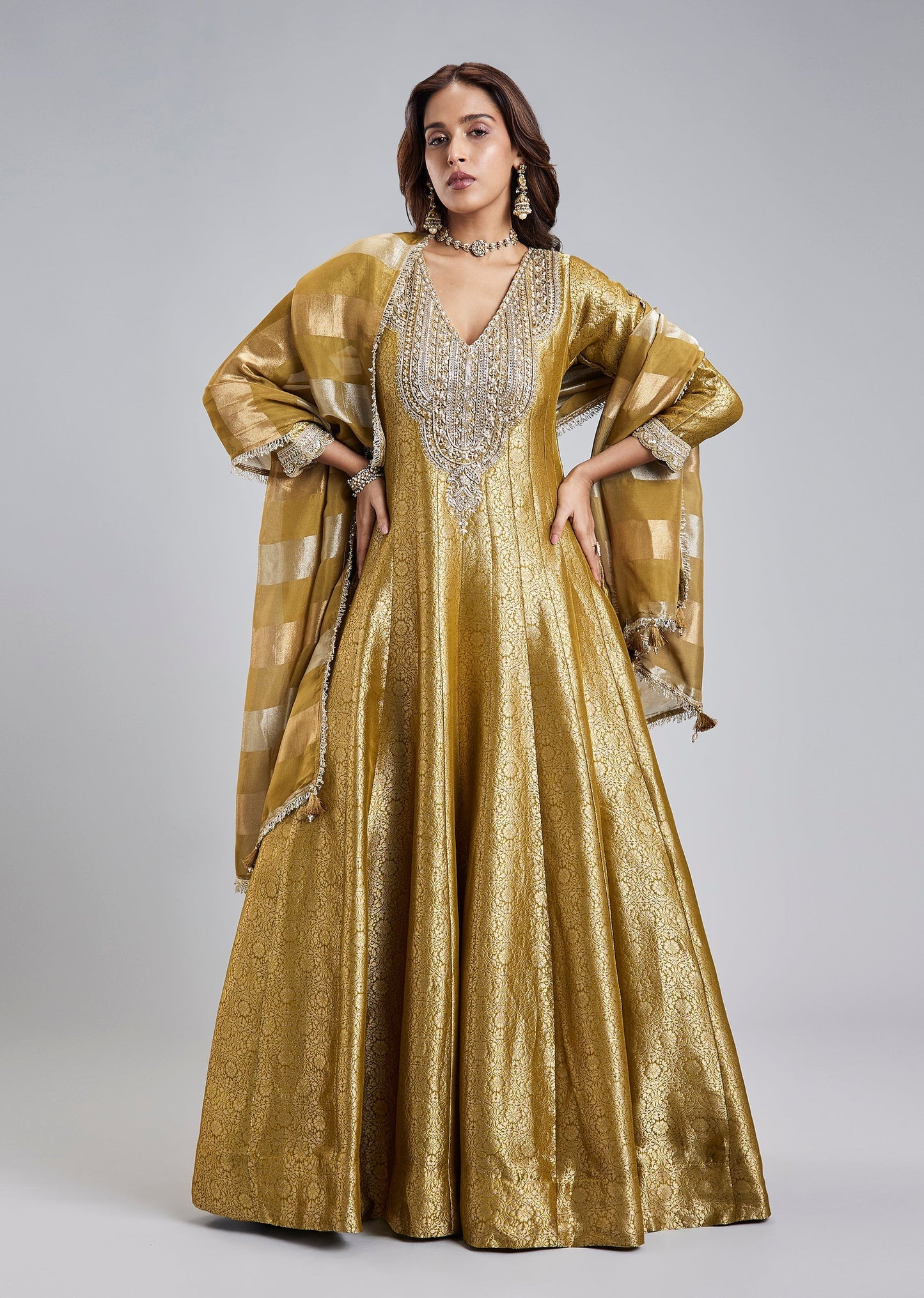Green Brocade Anarkali Set With Zardosi Neckline And Striped Dupatta