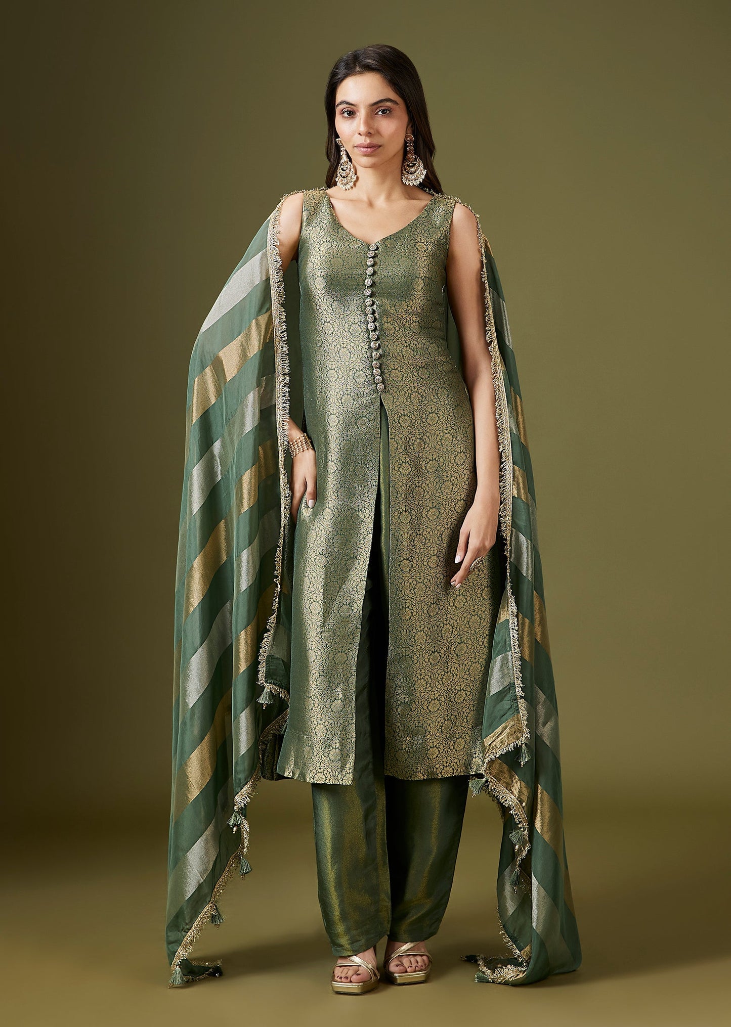 Green Brocade Front Slit Kurta Pant Set With Dupatta