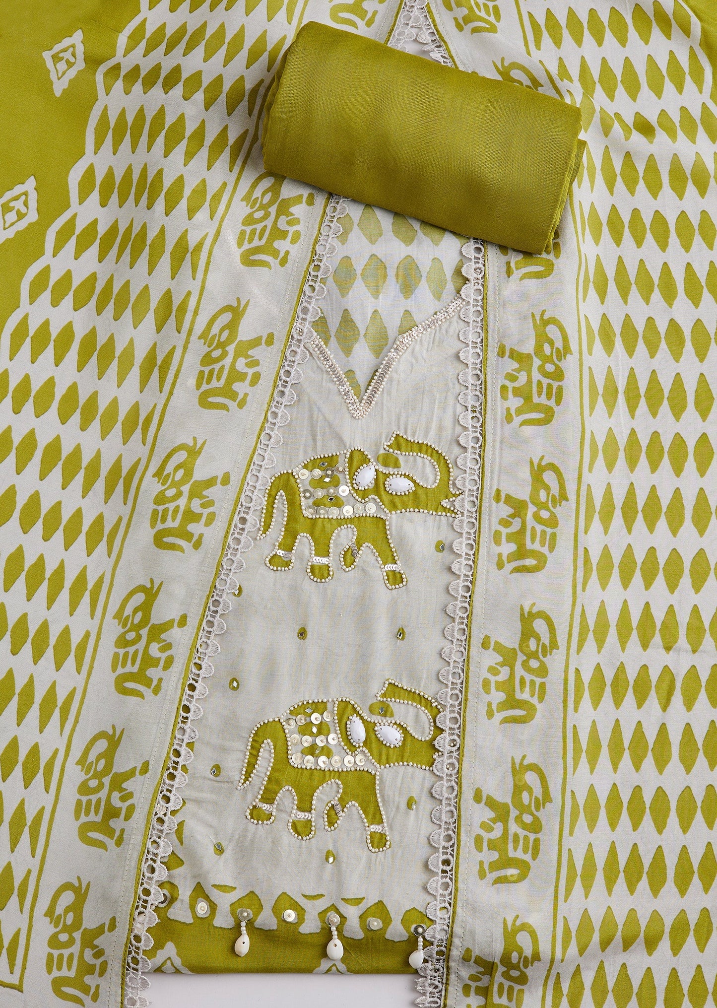 Green Chanderi Printed Unstitched Suit Set With Dupatta