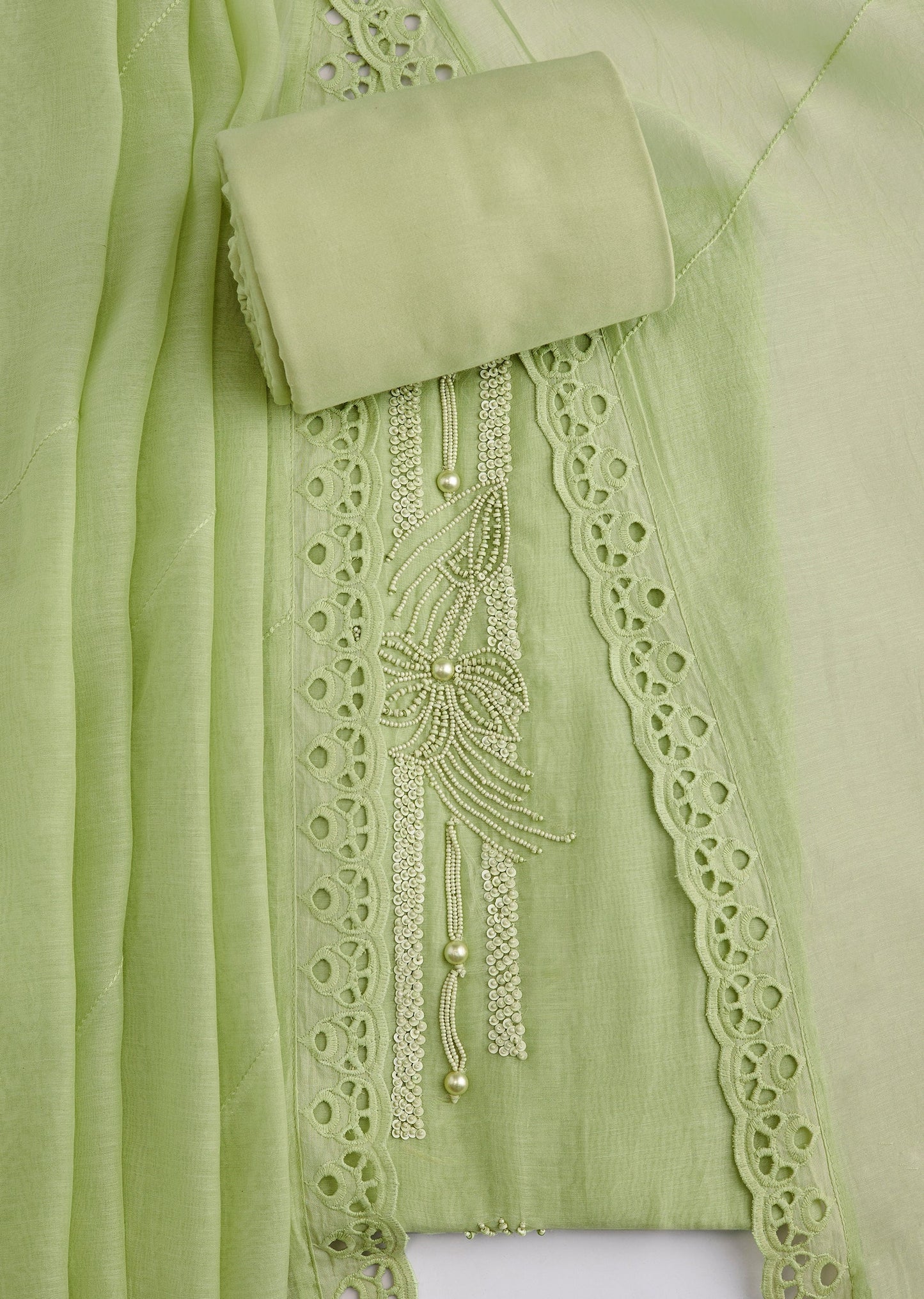 Green Cotton Lace Embroidered Unstitched Suit Set With Dupatta
