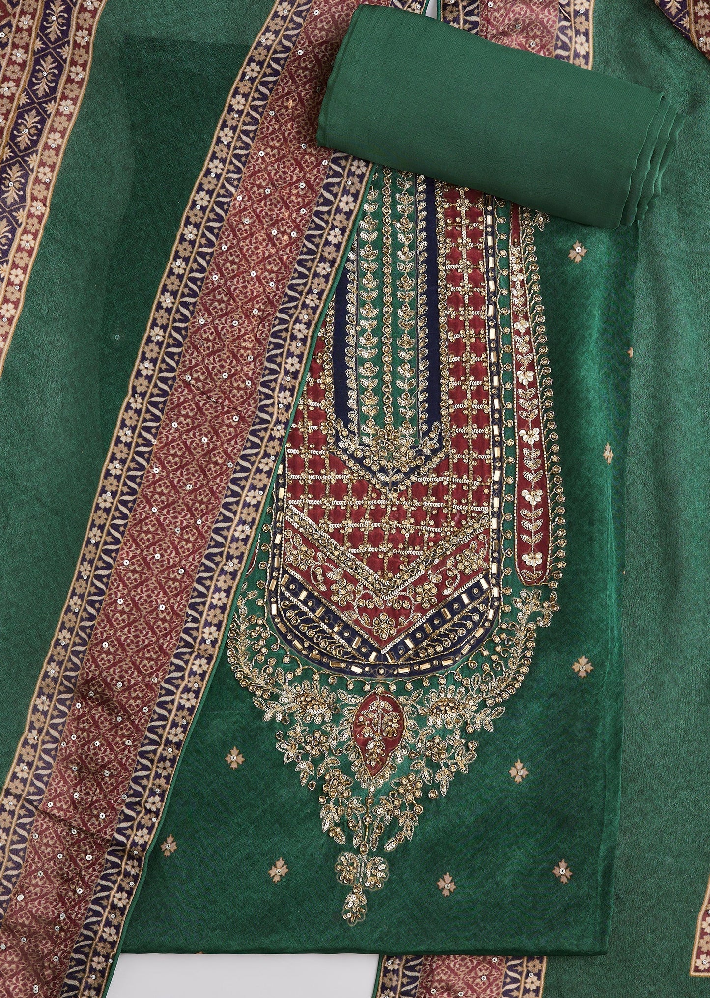 Green Crepe Embroidered Unstitched Suit Set With Dupatta