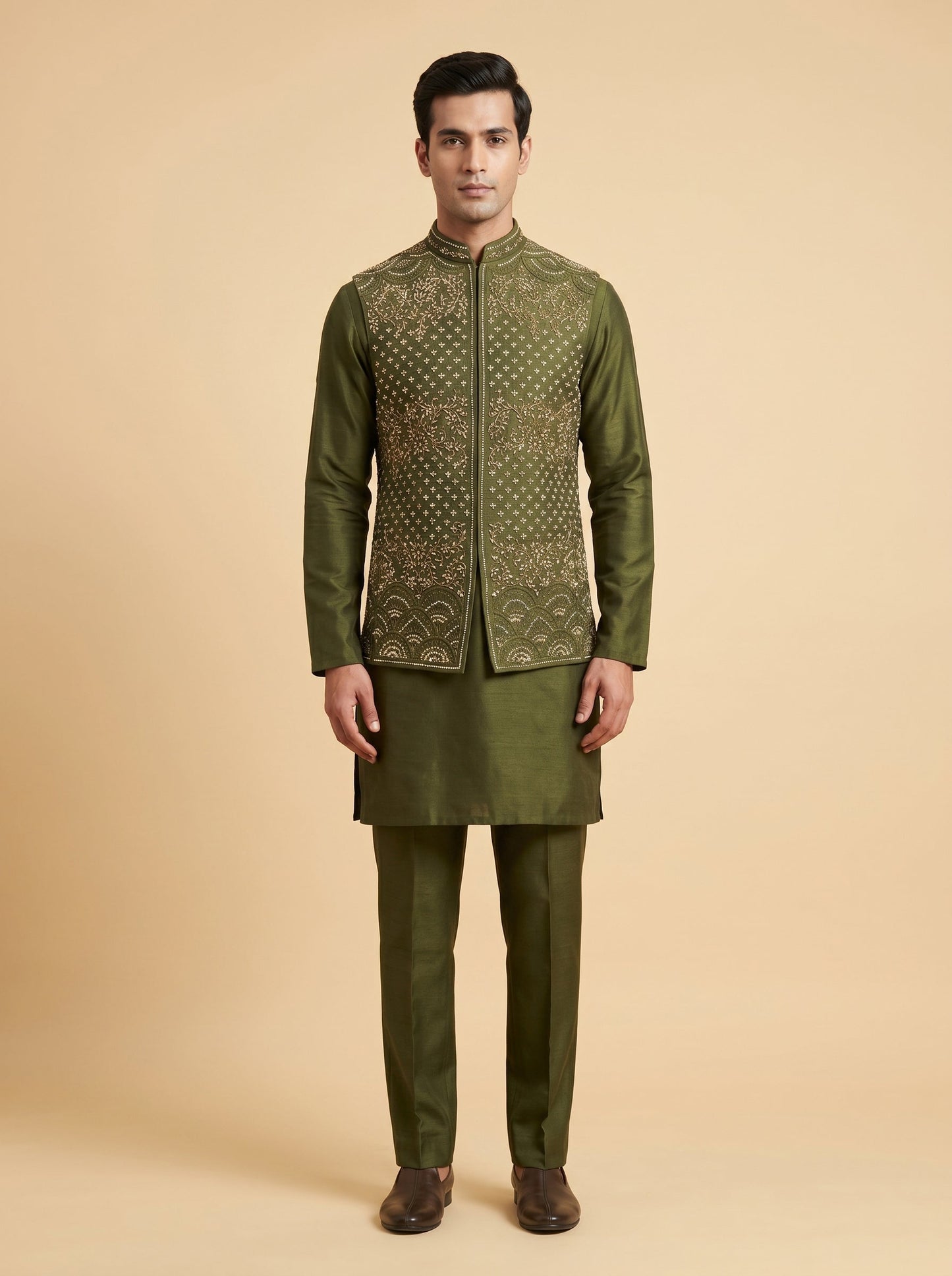 Green Designer Jacket Kurta Set