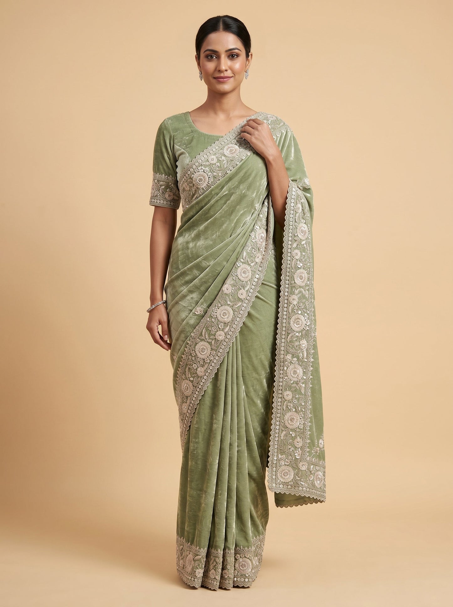 Green Detailed Stitch Embroidered Saree