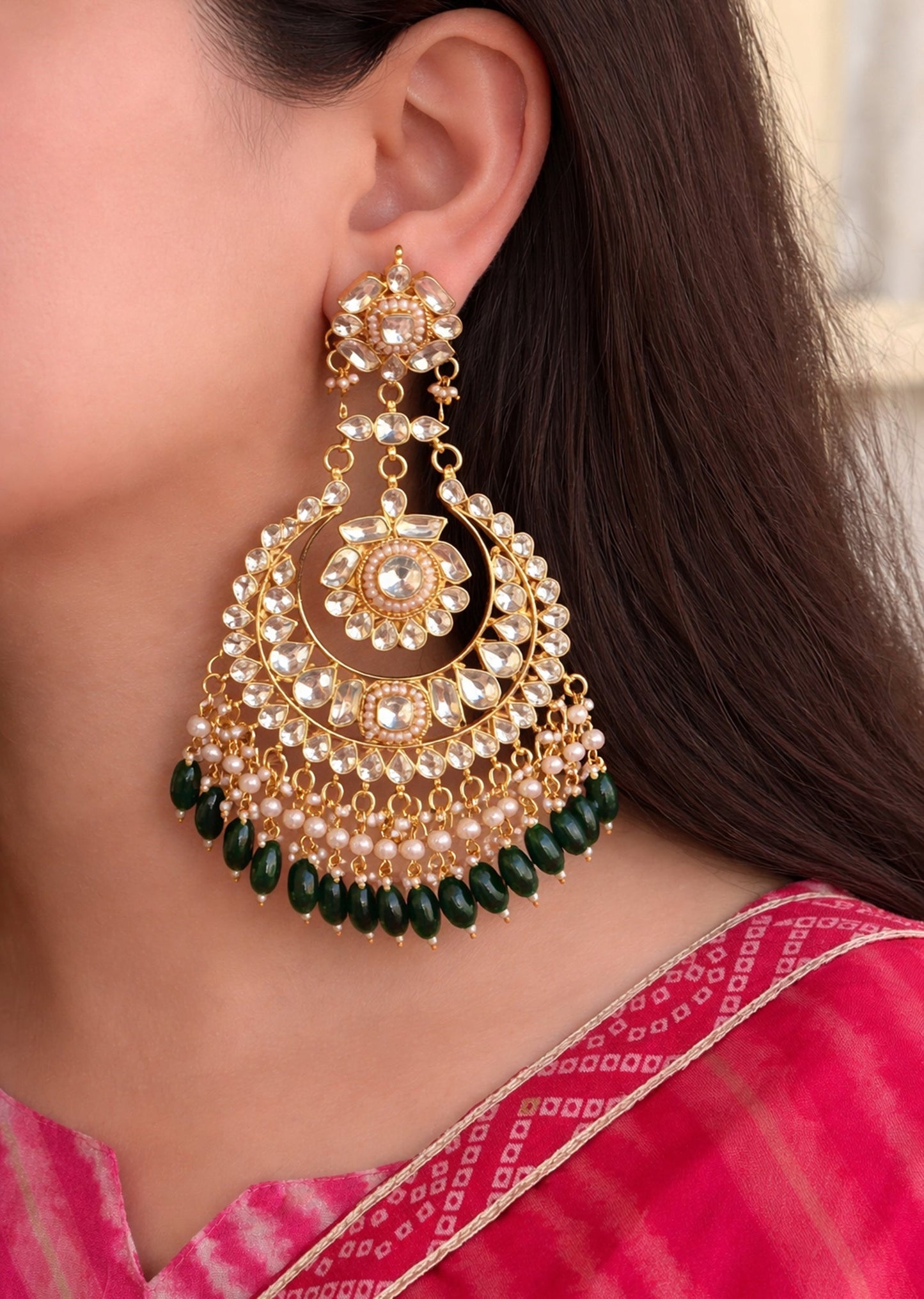Green Drop Kundan Chandbali Earrings