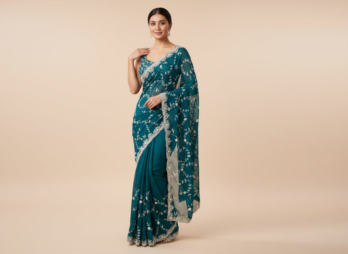 Green Sophisticated Embroidered Saree
