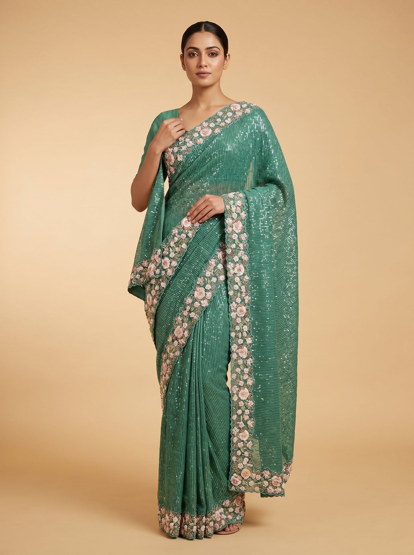Green Embroidered Saree with Detailed Stitching