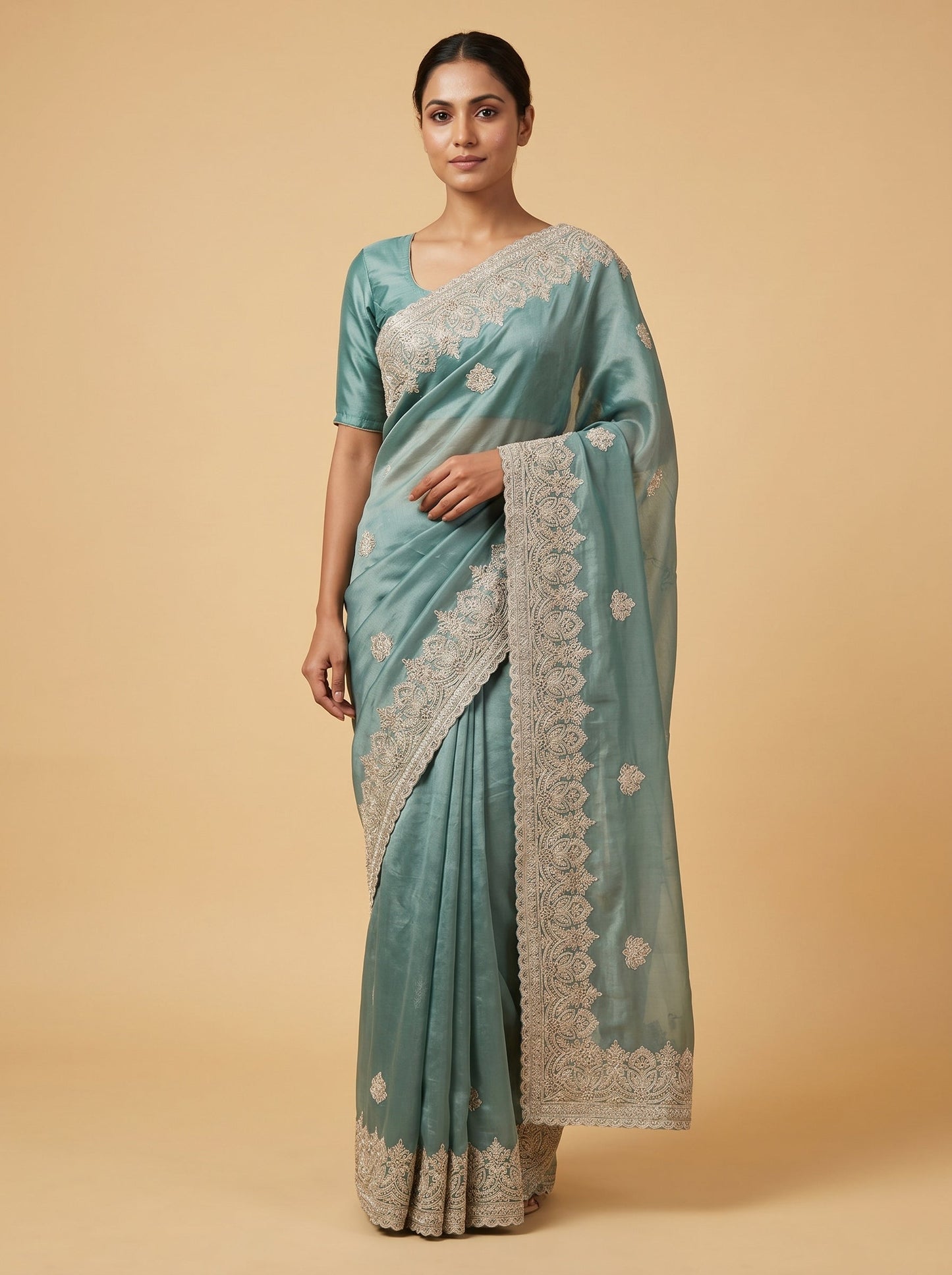 Green Fine Threadwork Embroidered Saree