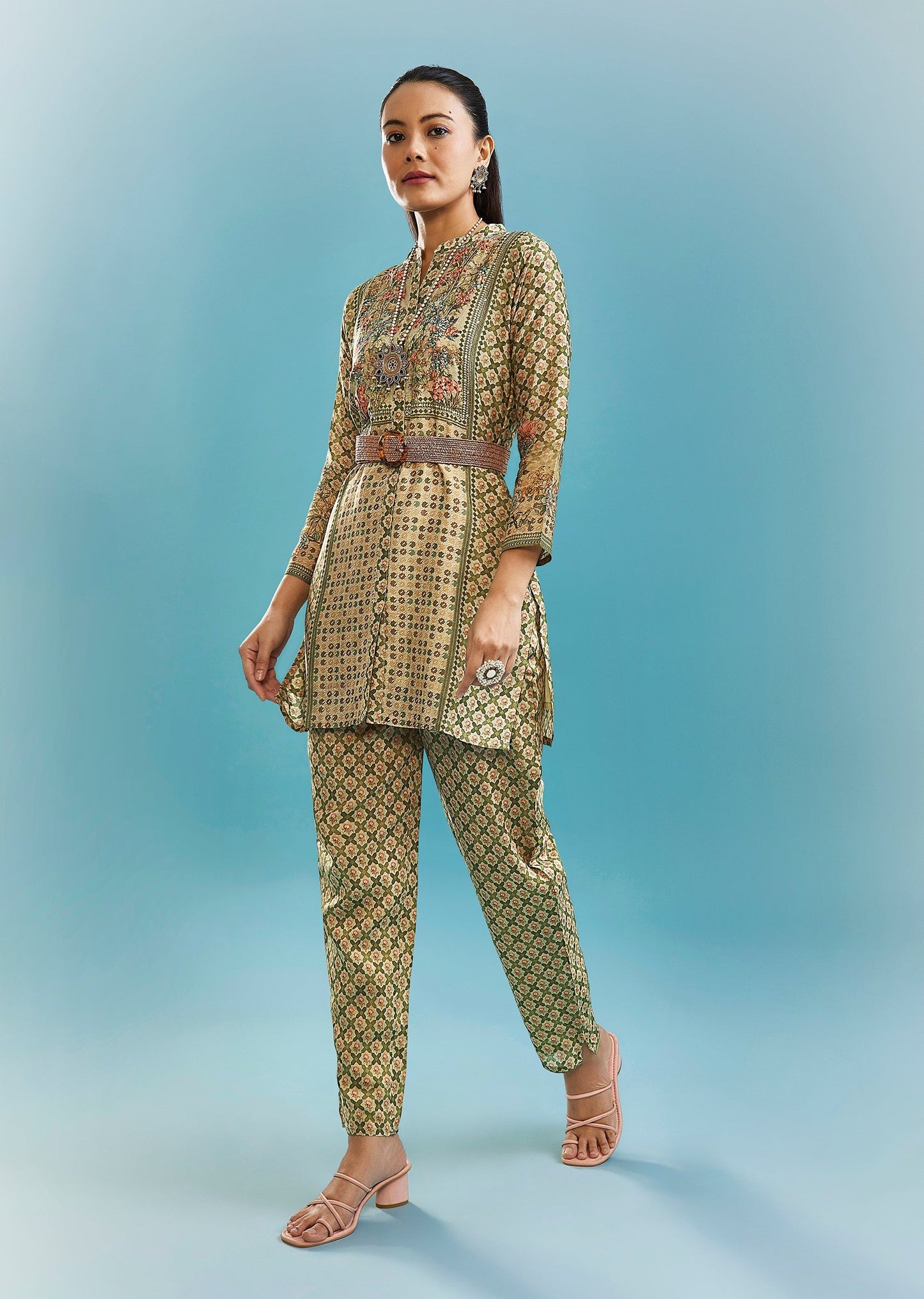 Green Floral Co-ord Set With Cut Dana And Sequins Work