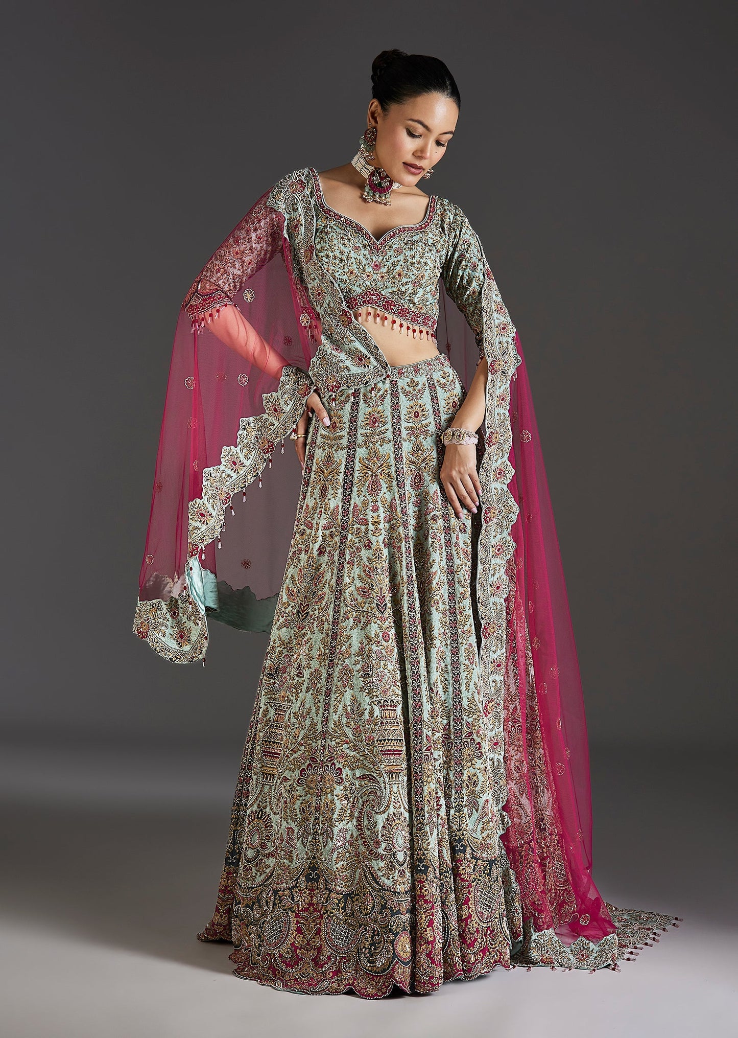 Green Floral Lehenga With Soft Shimmer