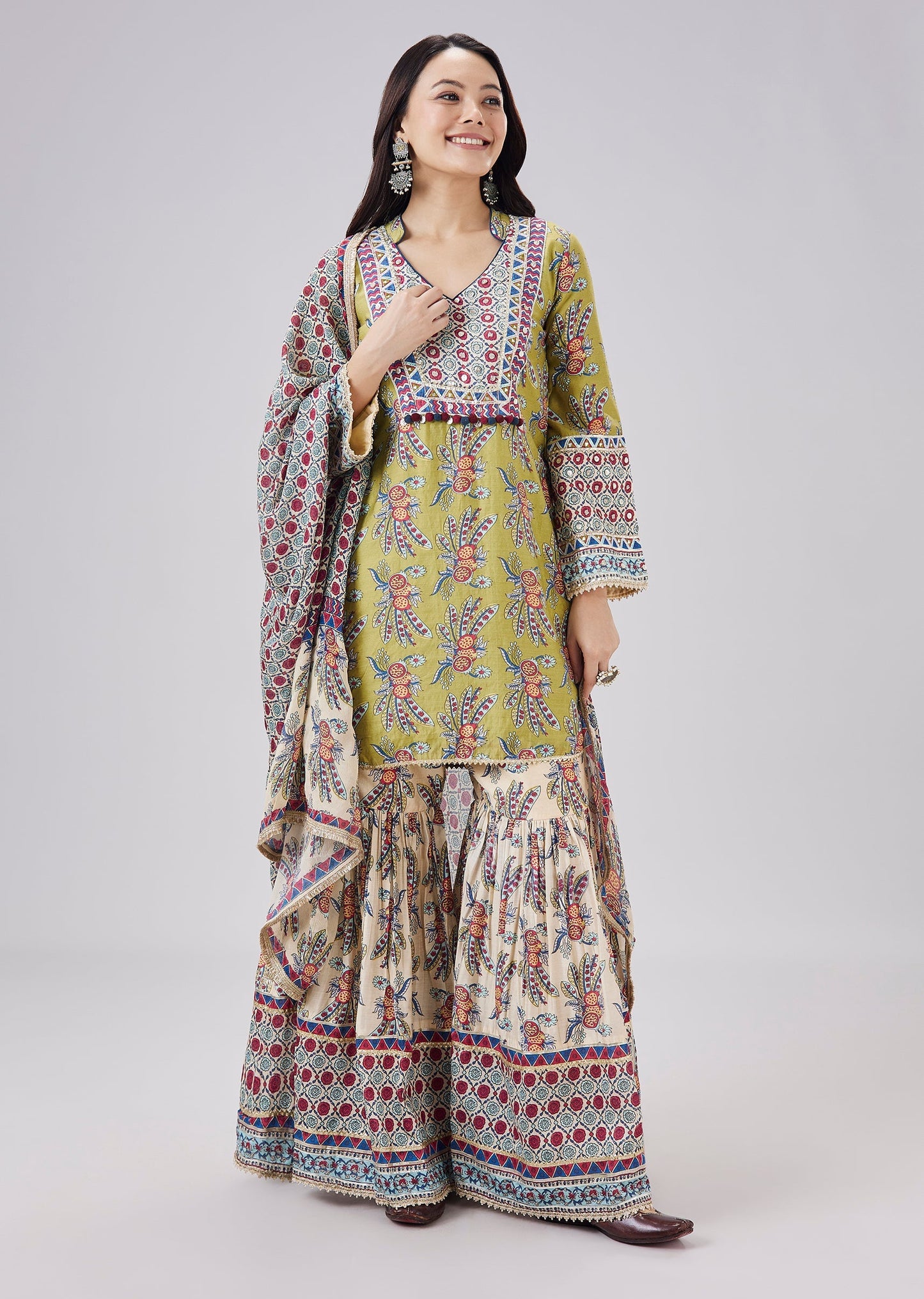 Green Floral Printed Sharara Set With Dupatta