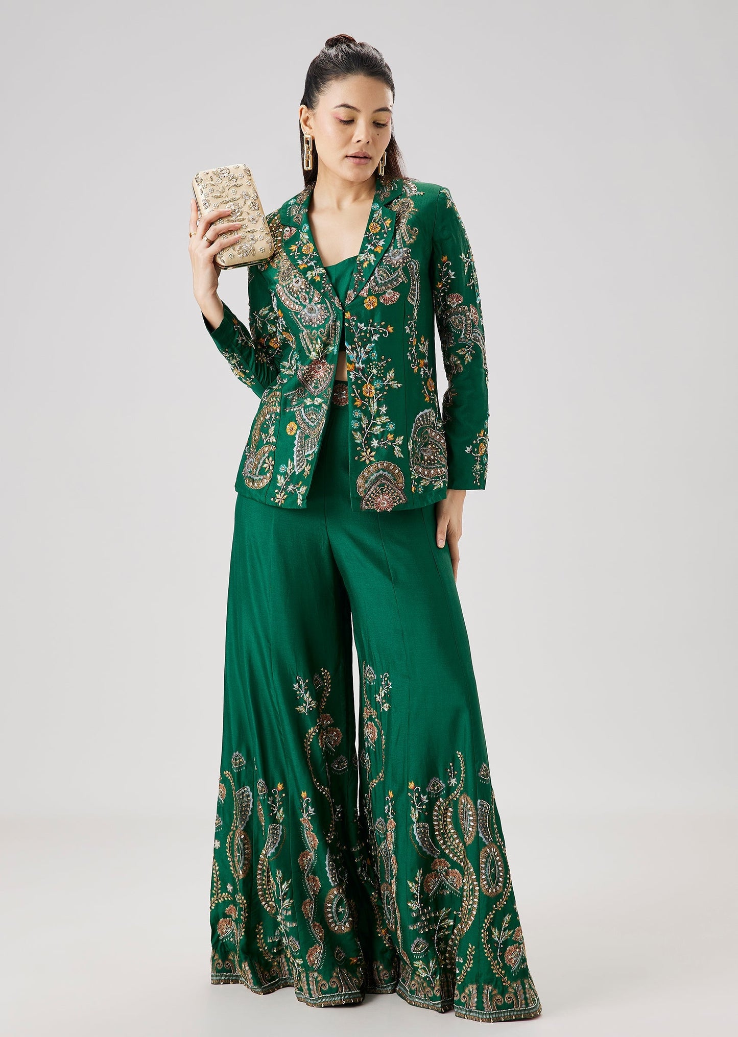 Green Floral Printed Silk Crop Top Palazzo Set With Blazer Jacket