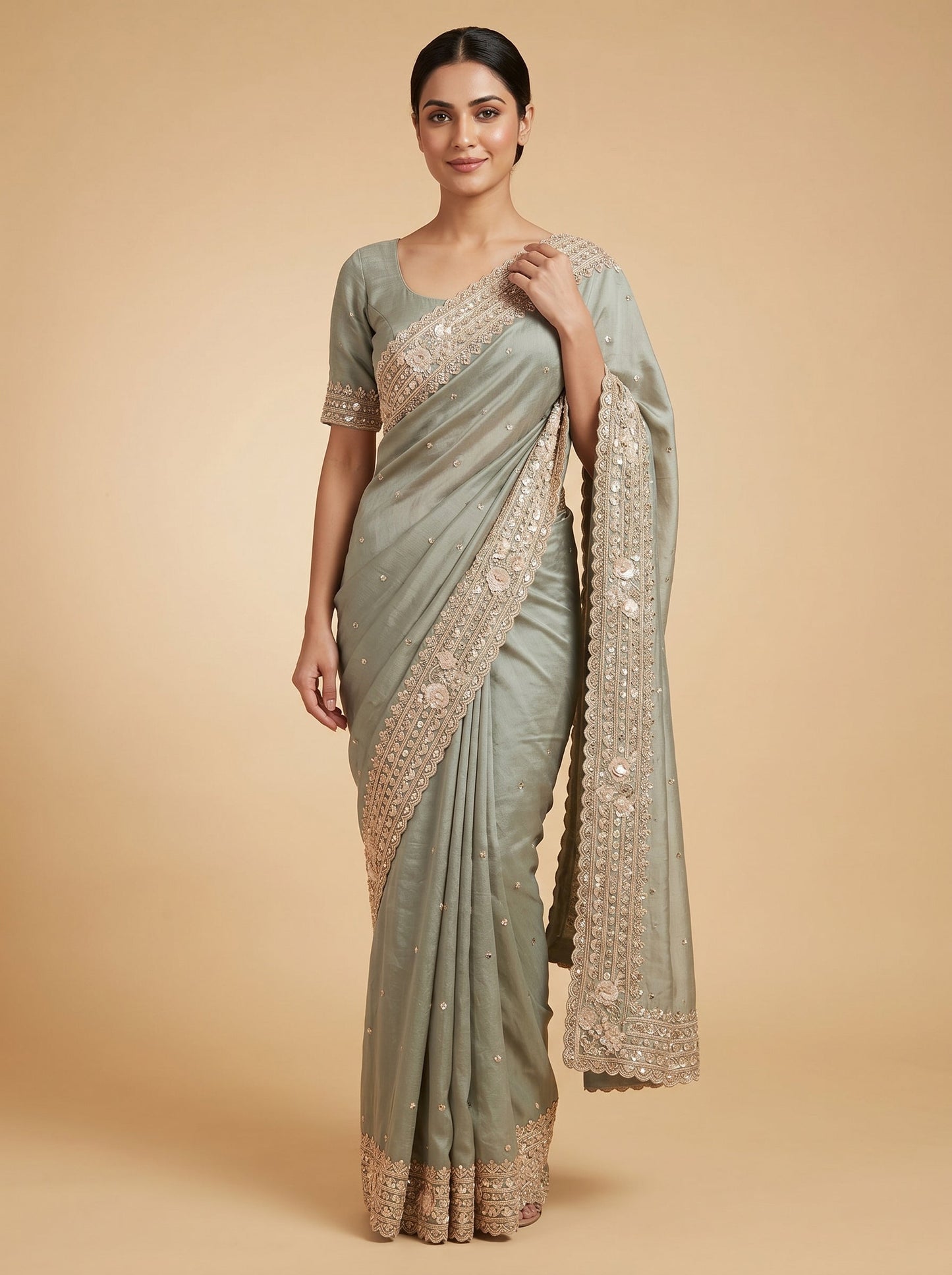 Green Fresh Finish Embroidered Saree