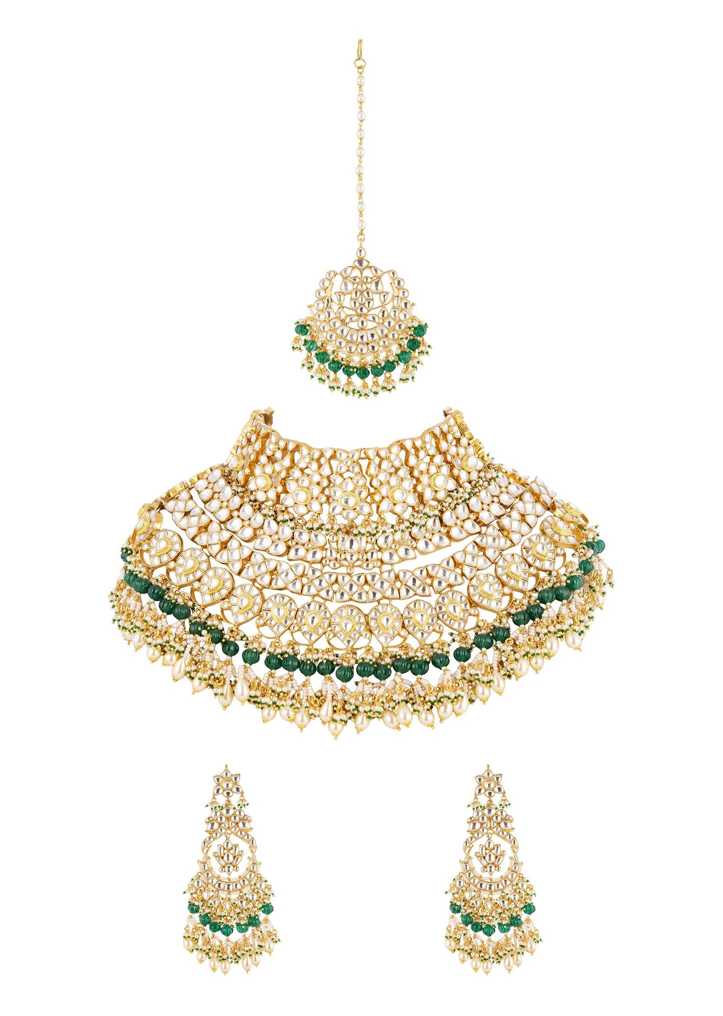 Green Gold Necklace Set With Intricate Kundan Detail