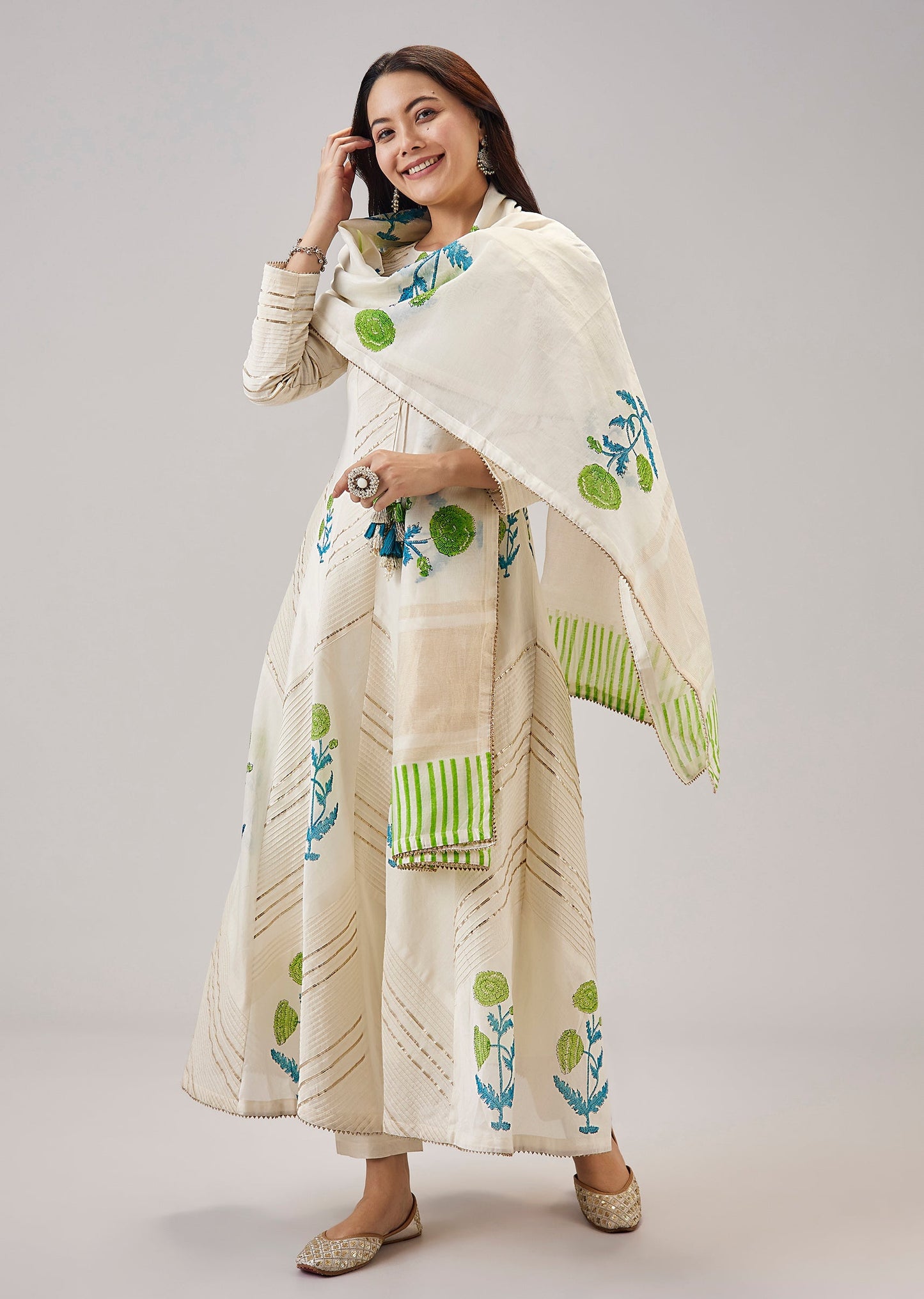 Green Hand Block Print Anarkali With Gotta Lace Work
