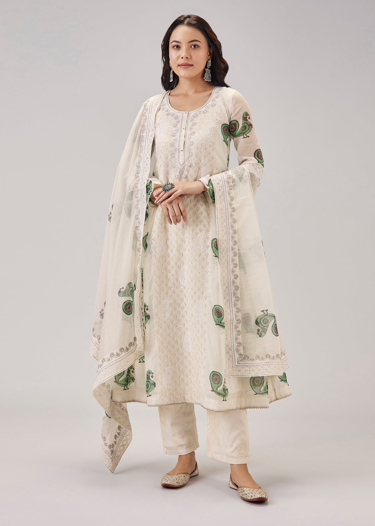 Green Hand Block Print With Lucknowi Work Anarkali