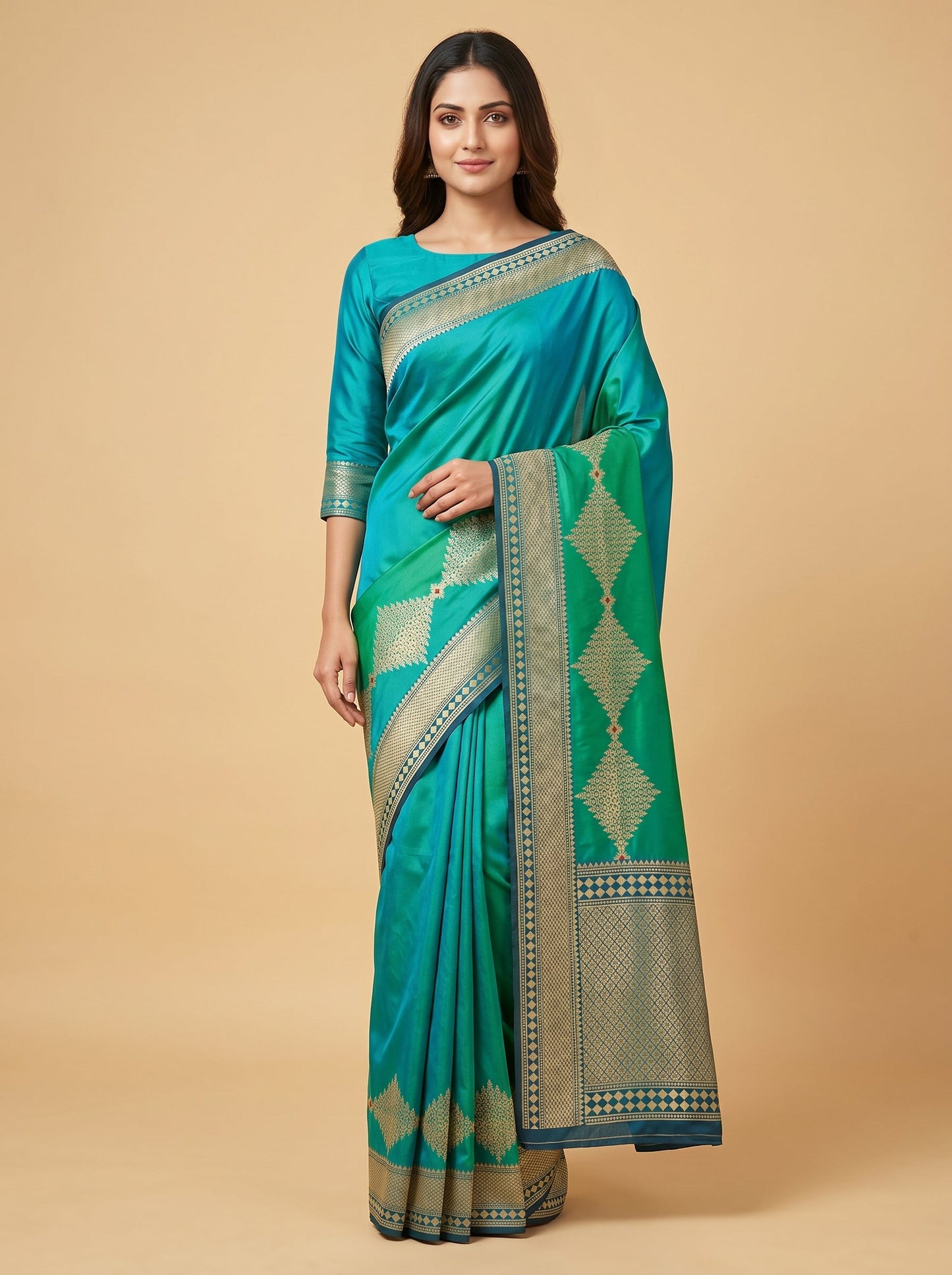 Green handloom saree with geometric border