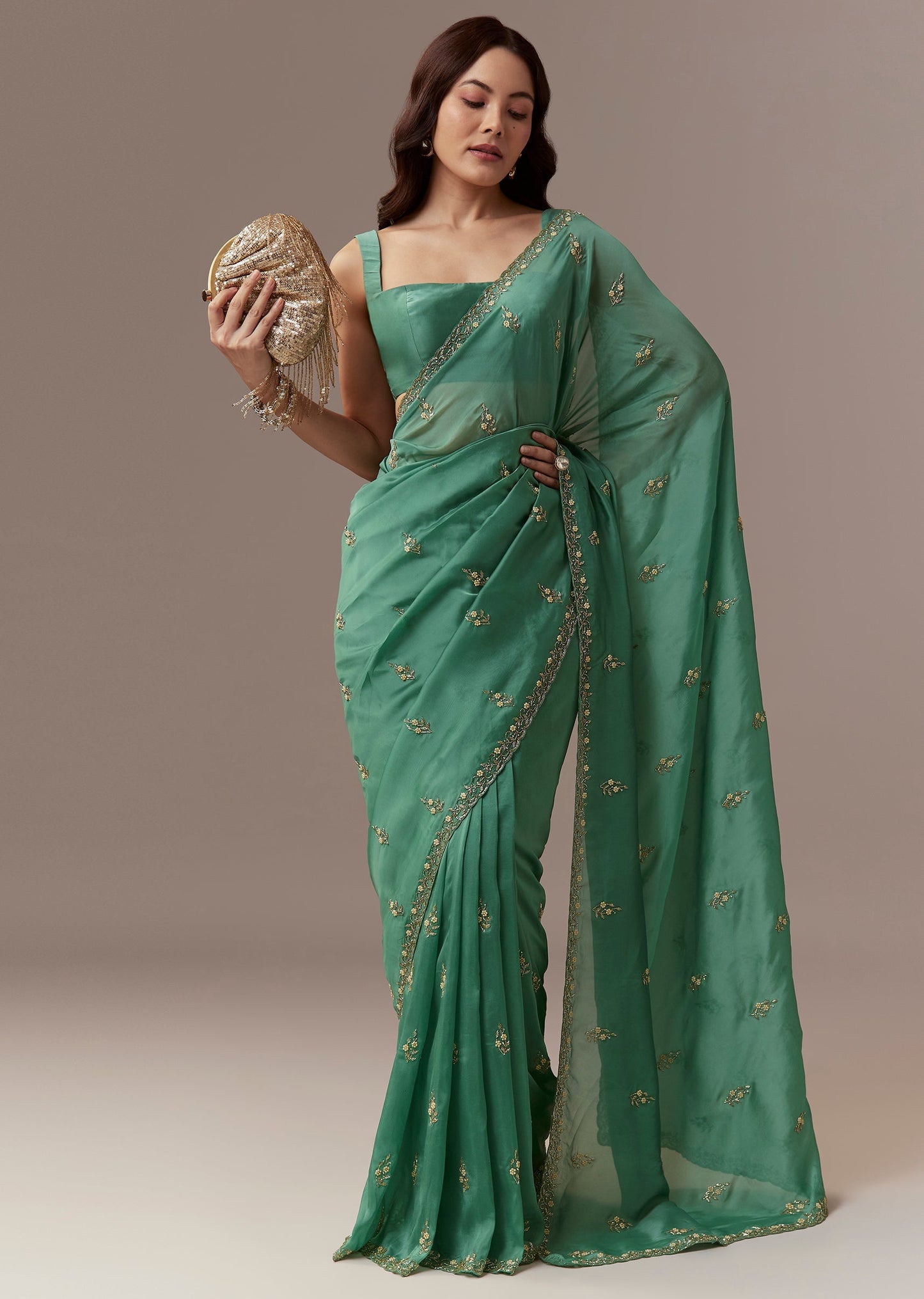 Green Kora Silk Saree With Cutdana Beads And Stone Embroidery