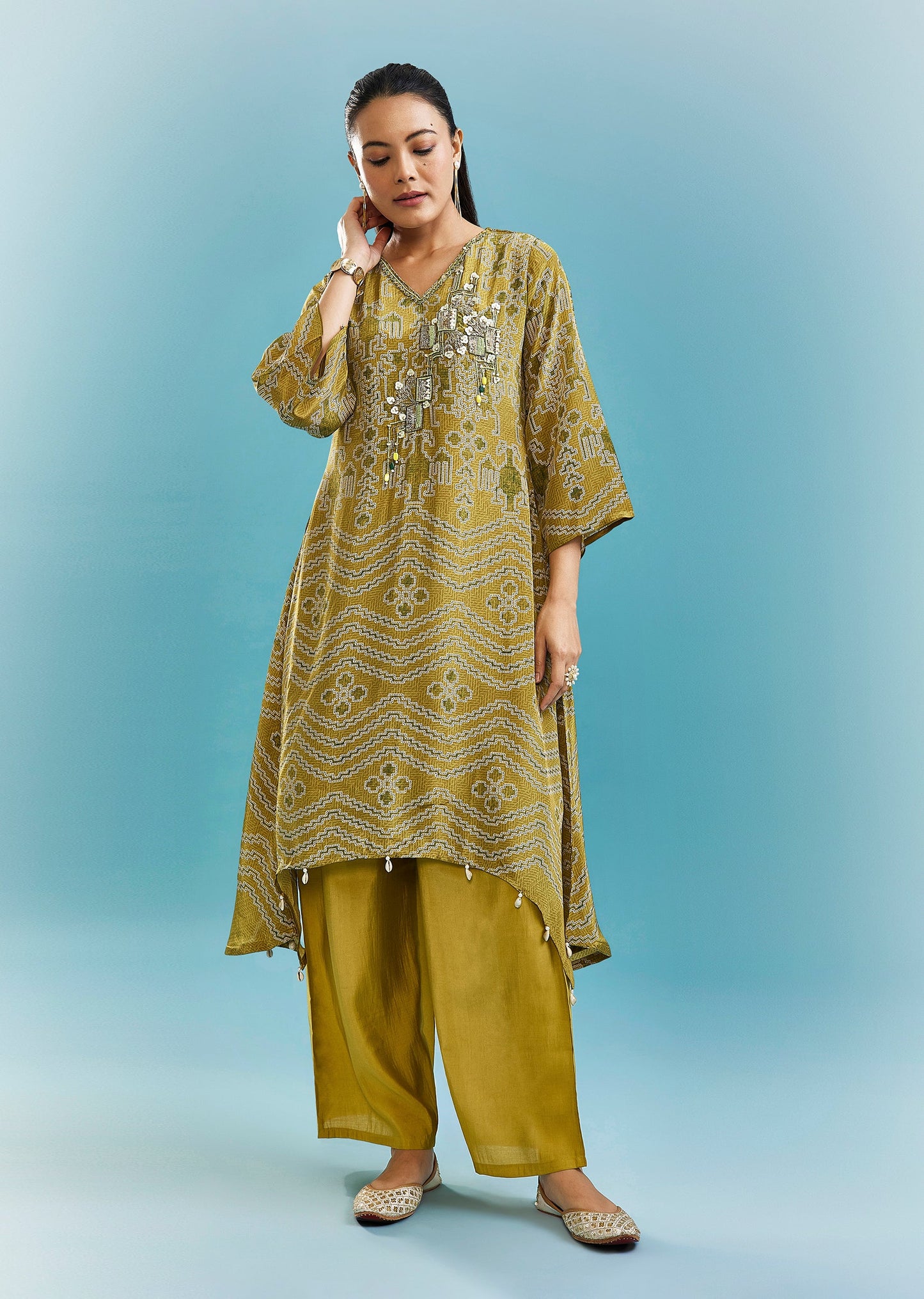 Green Kurta Palazzo Set With Cut Dana, Beads And Sequins Work