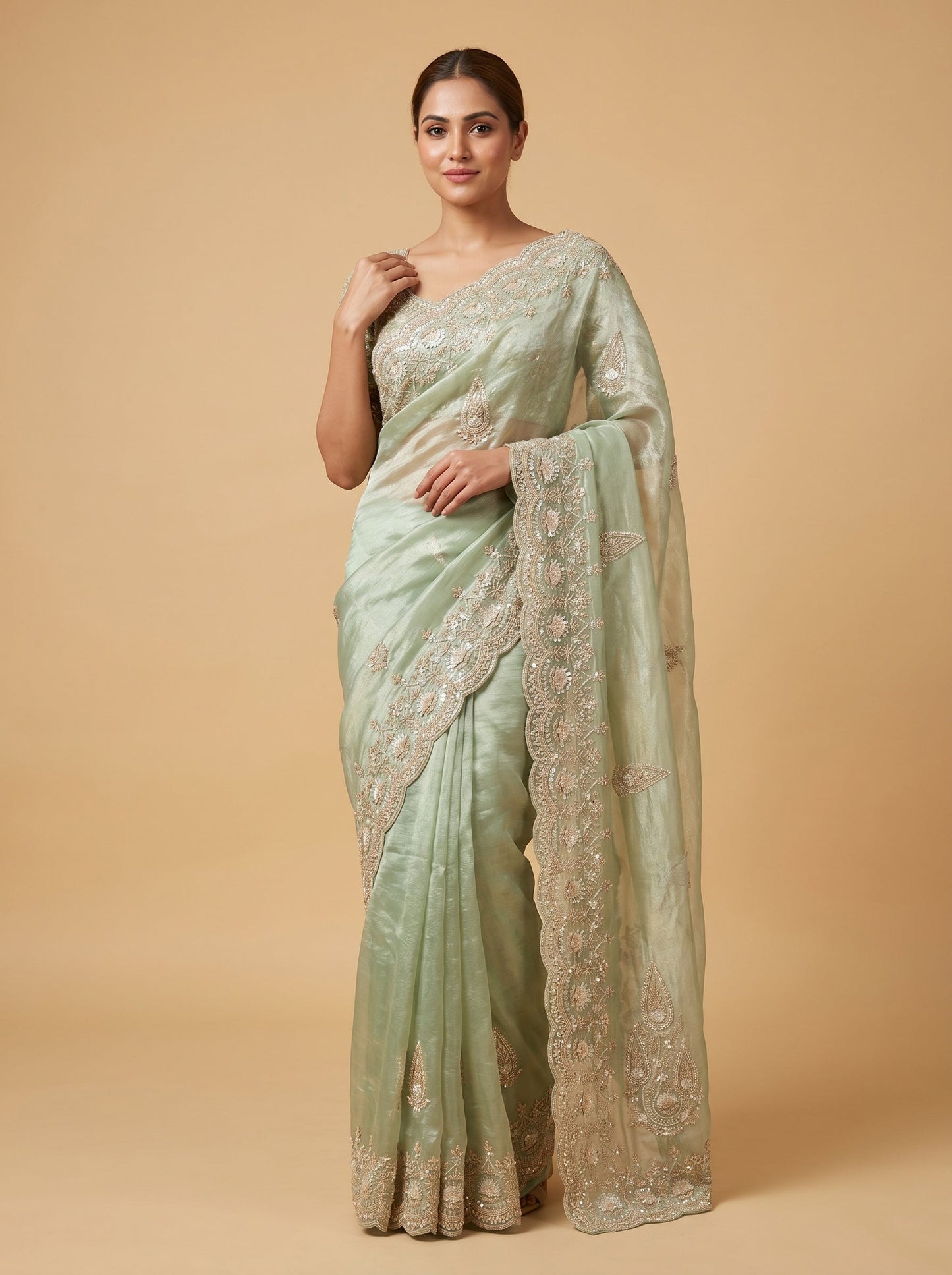 Green Light Flow Embroidered Saree