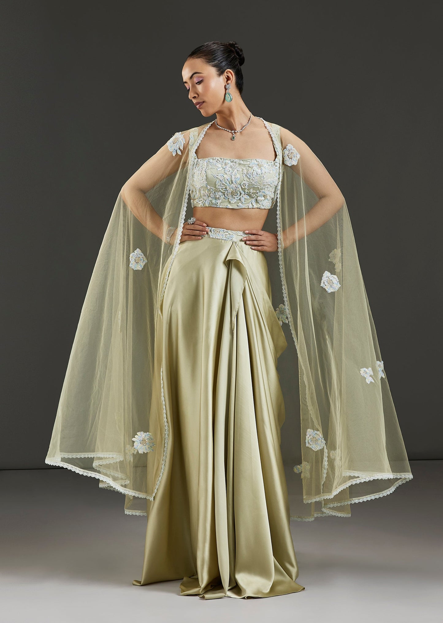 Green Milano Drape Skirt Set With Embellished Cape