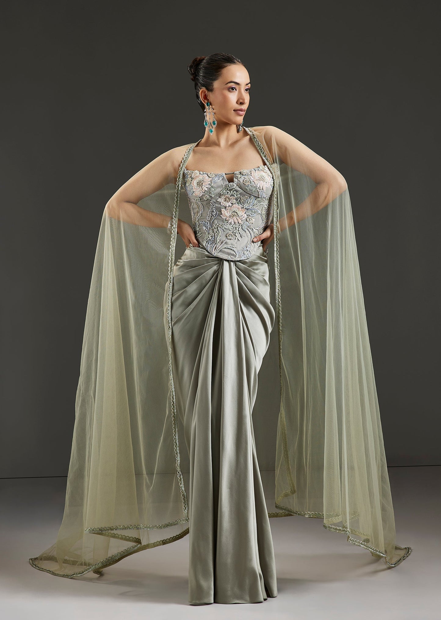 Green Milano Drape Skirt Set With Floral Embellished Corset And Cape