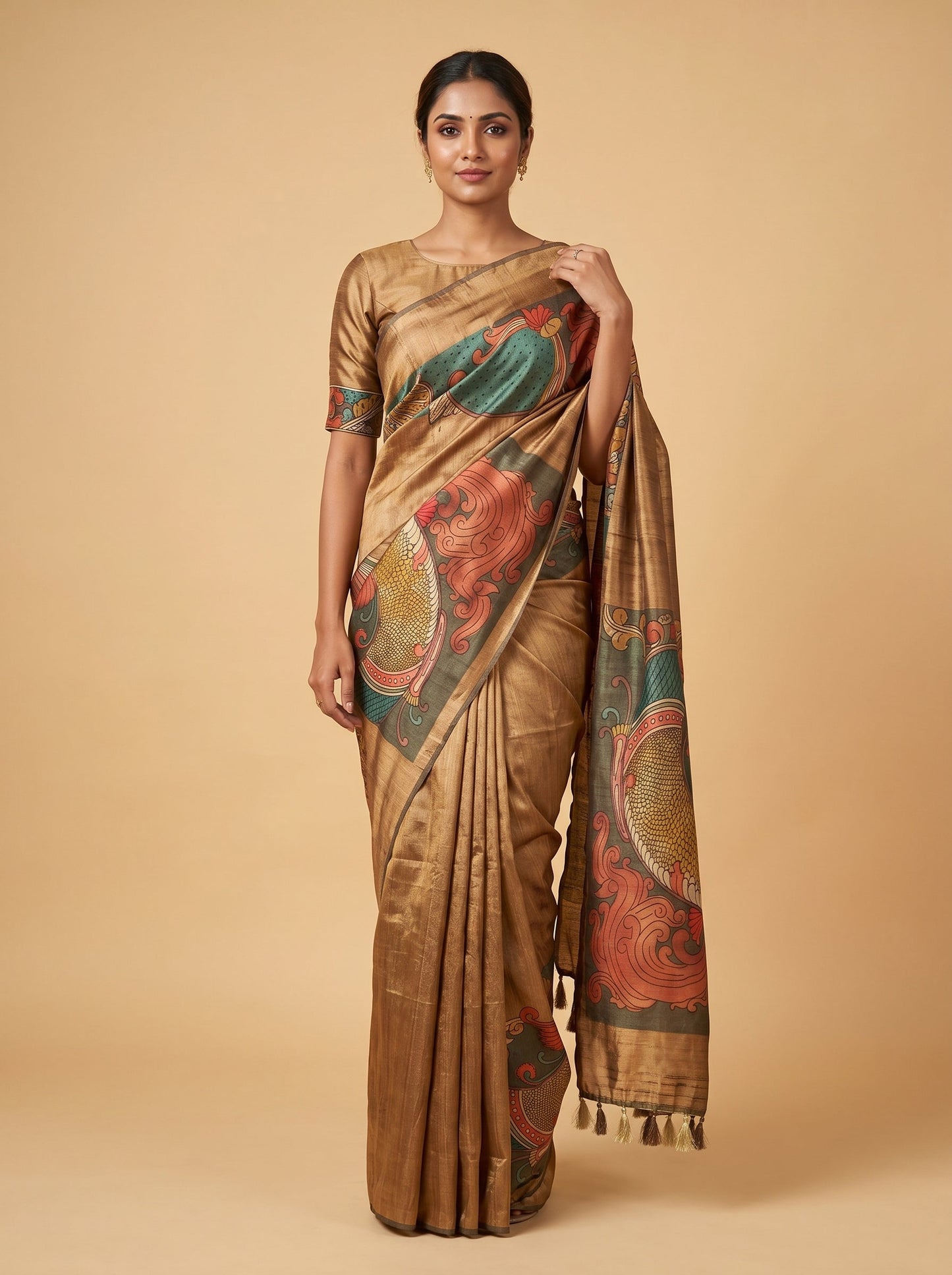 Green Natural Finish Embroidered Saree